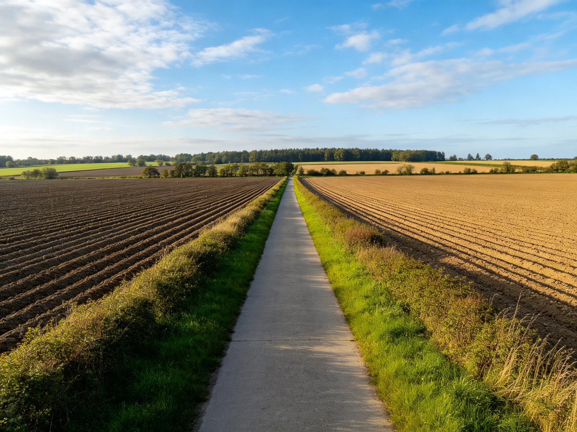 A narrow concrete path separates two contrasting farmland sections under a bright sky