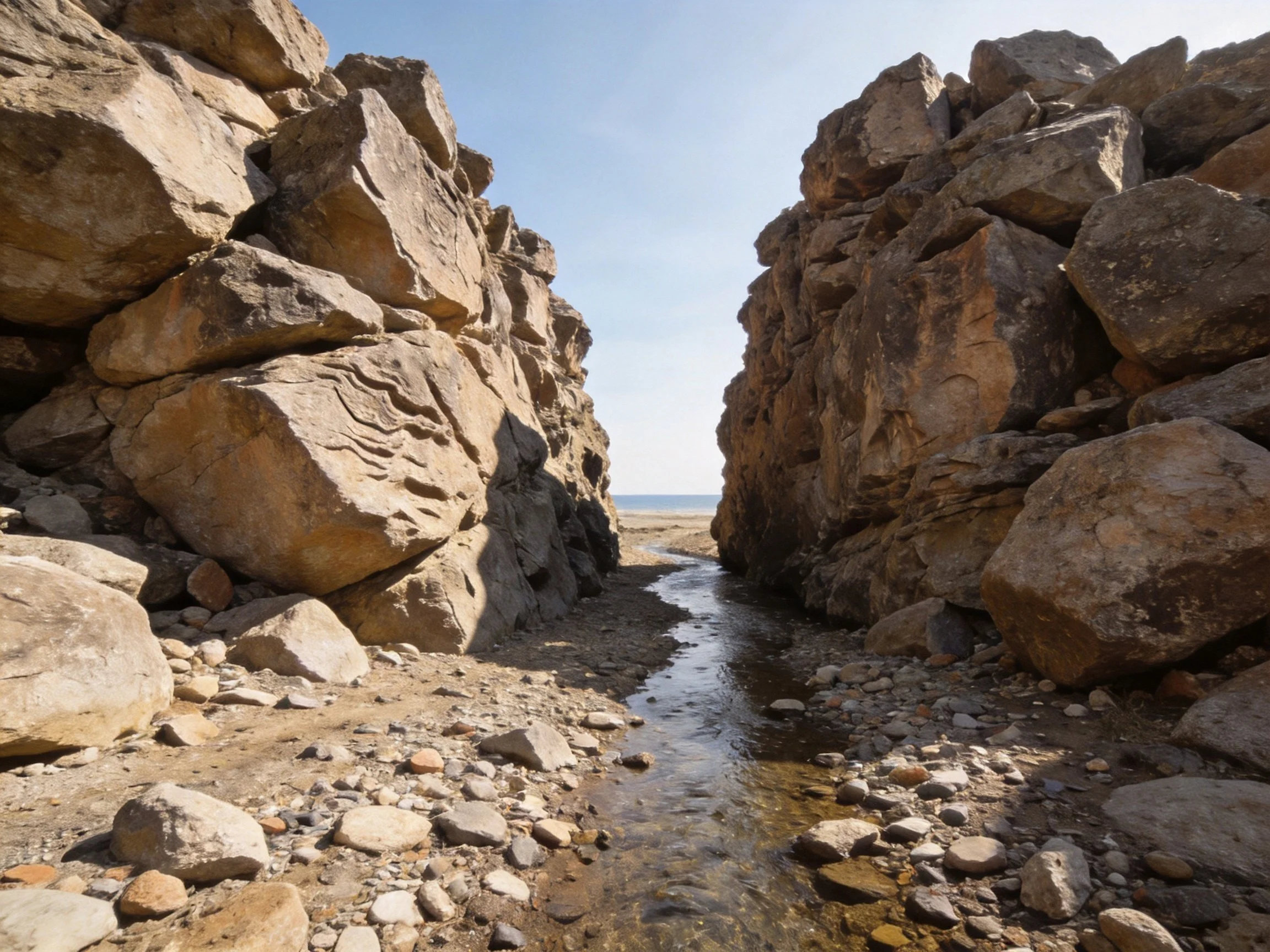 A narrow rocky canyon with large brown boulders and a shallow stream