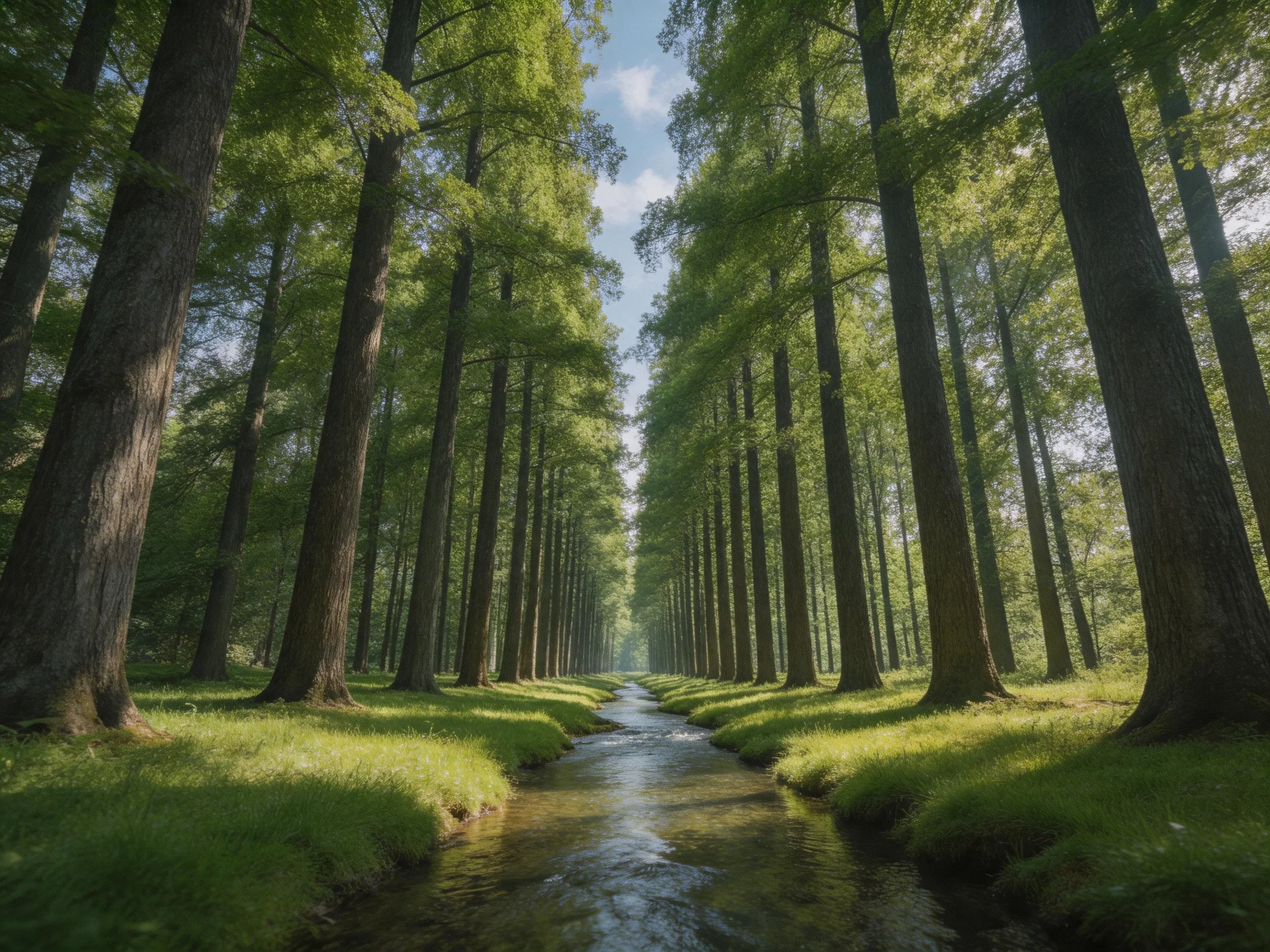 A narrow stream runs between tall trees in a sunlit forest corridor