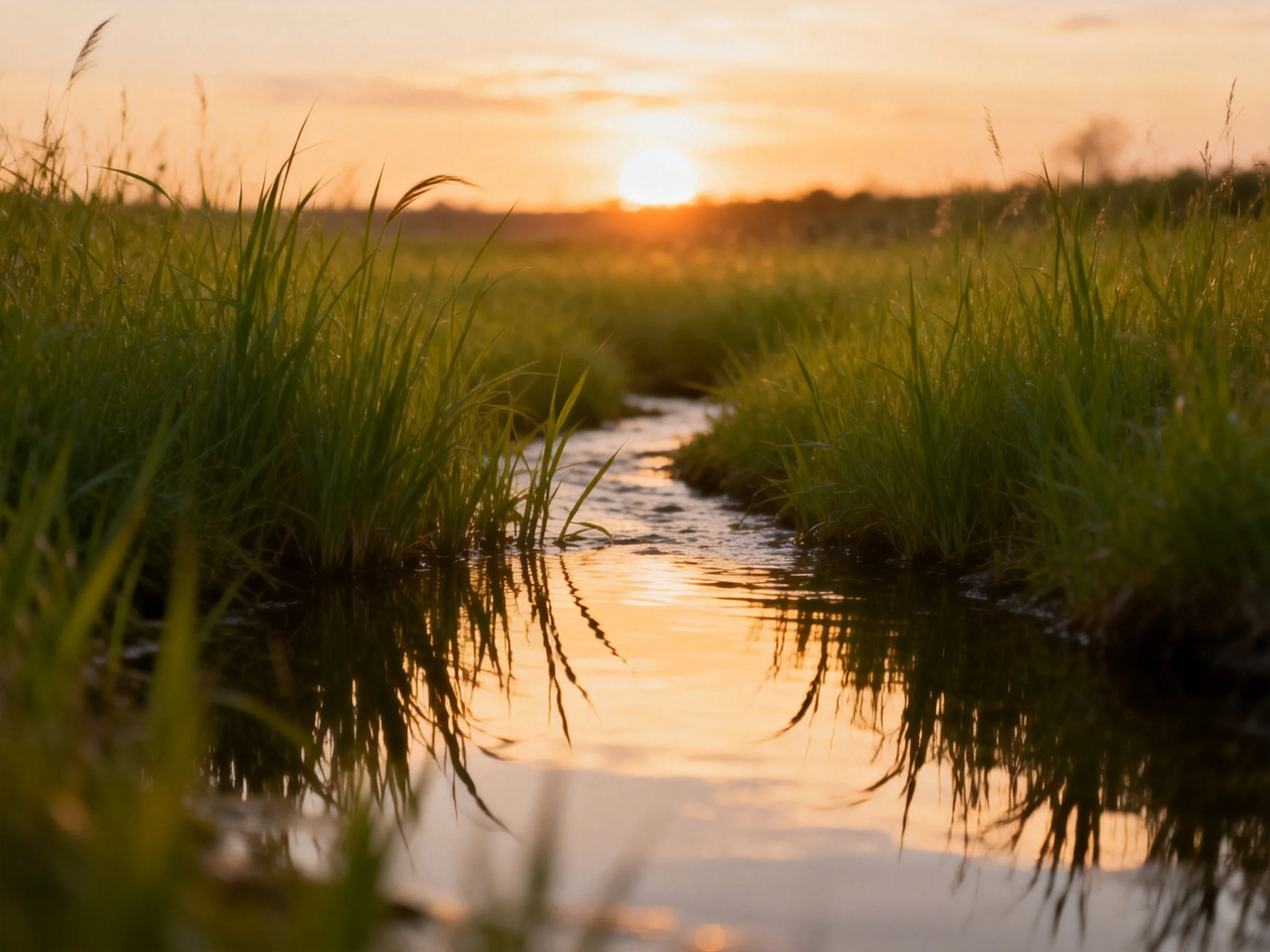 A narrow stream winds through lush green grasses under a golden sunset sky.