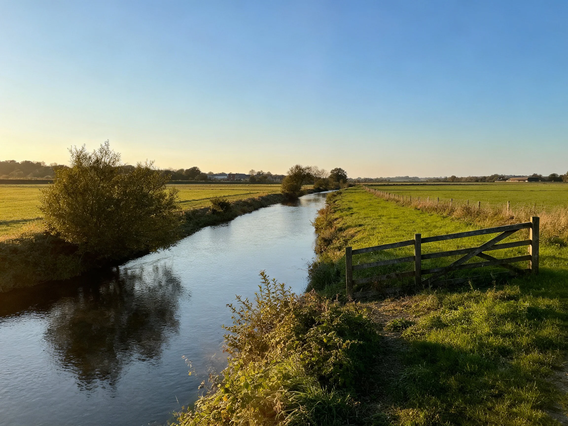 A narrow waterway winds through lush green fields beside a wooden gate