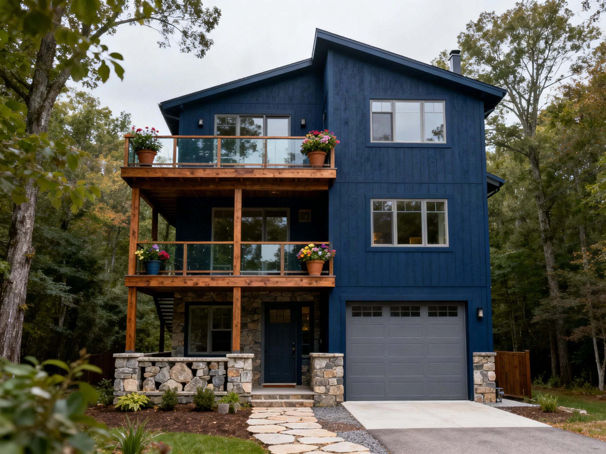 A navy-blue three-story house with wooden balconies and stone accents