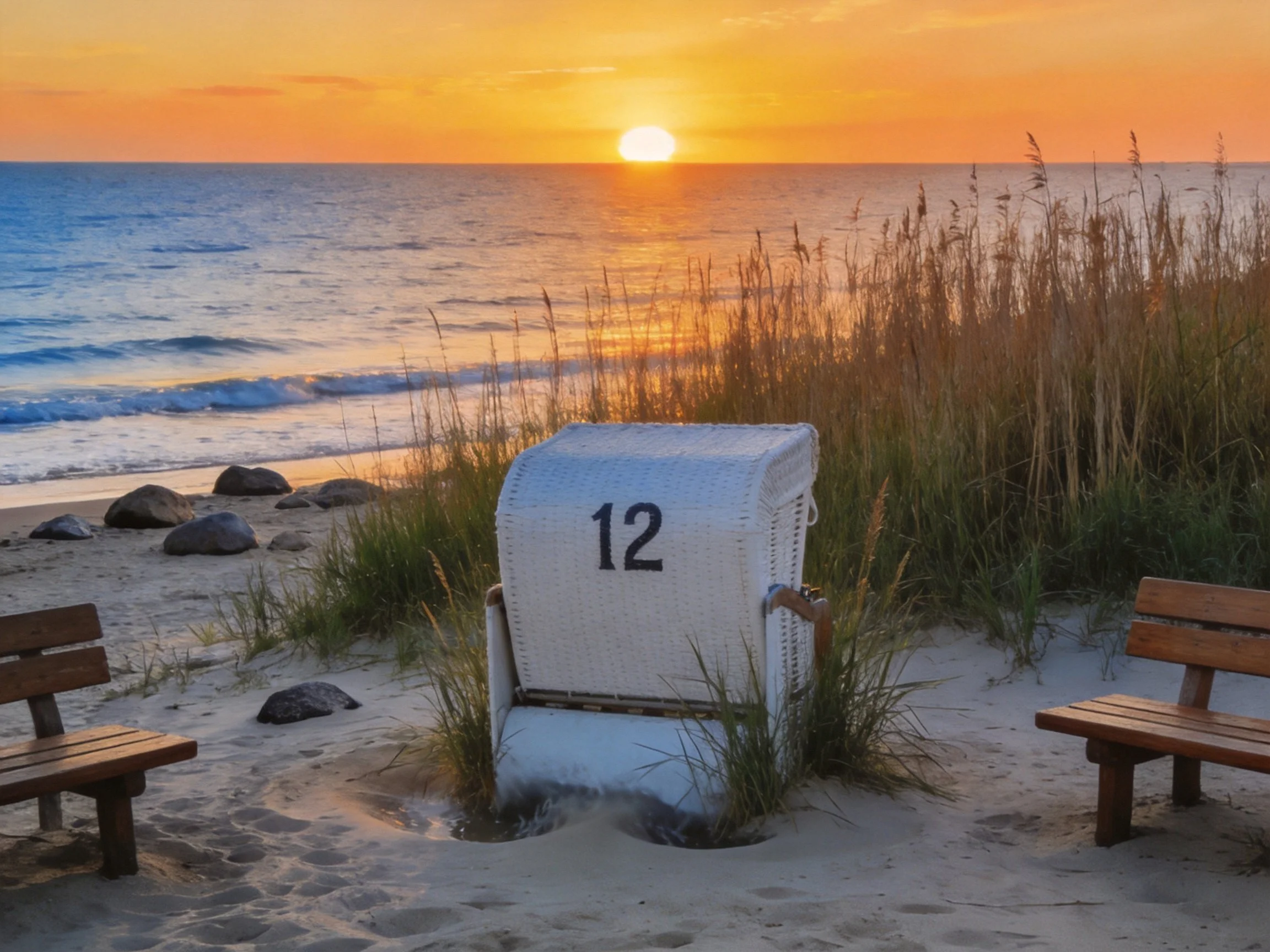 A numbered white beach chair near wooden benches at sunset