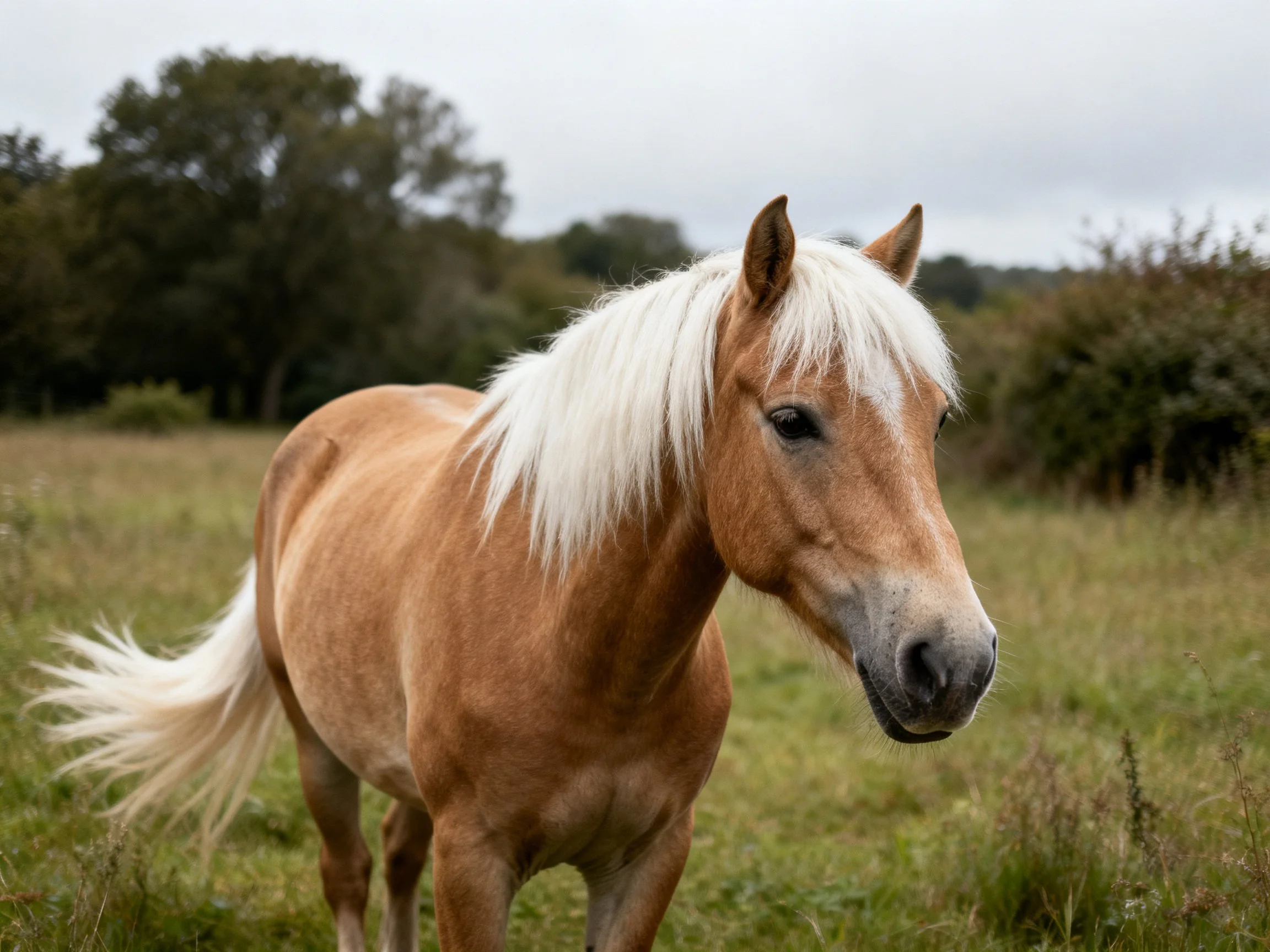 A palomino horse with long white mane in an open field