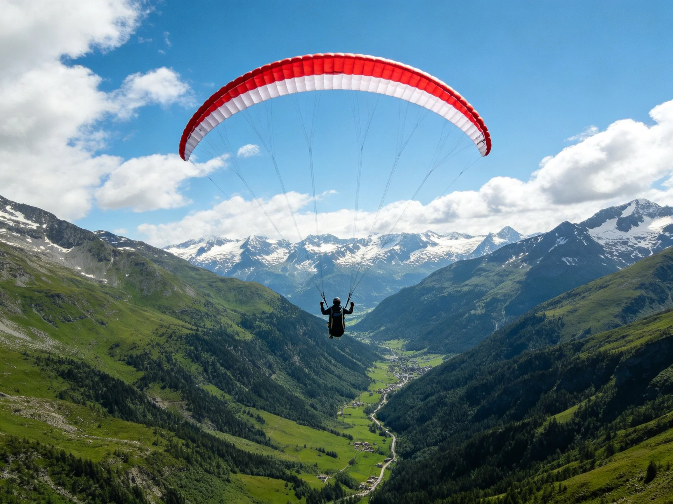 A paraglider soars over a lush green mountain valley with snow - capped peaks