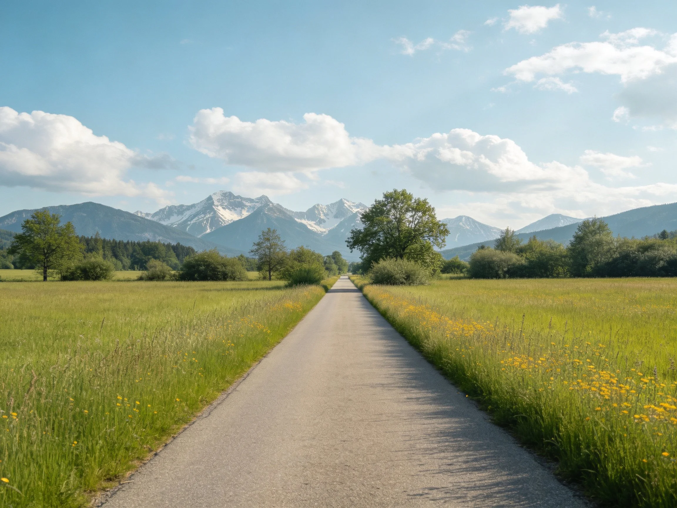 A paved path through lush meadows near snow-capped mountains