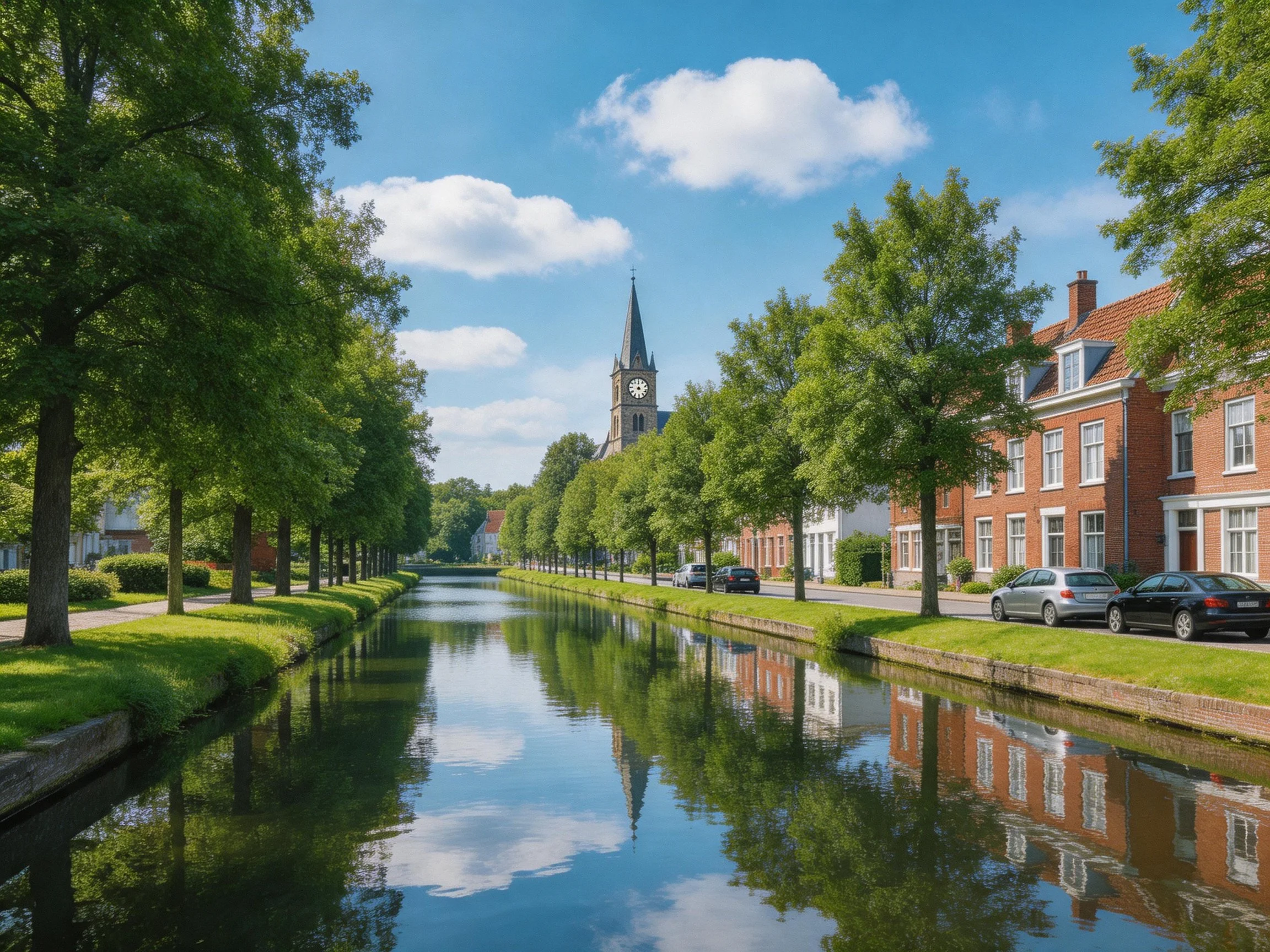 A peaceful canal with tree-lined banks and red-brick buildings under a clear sky