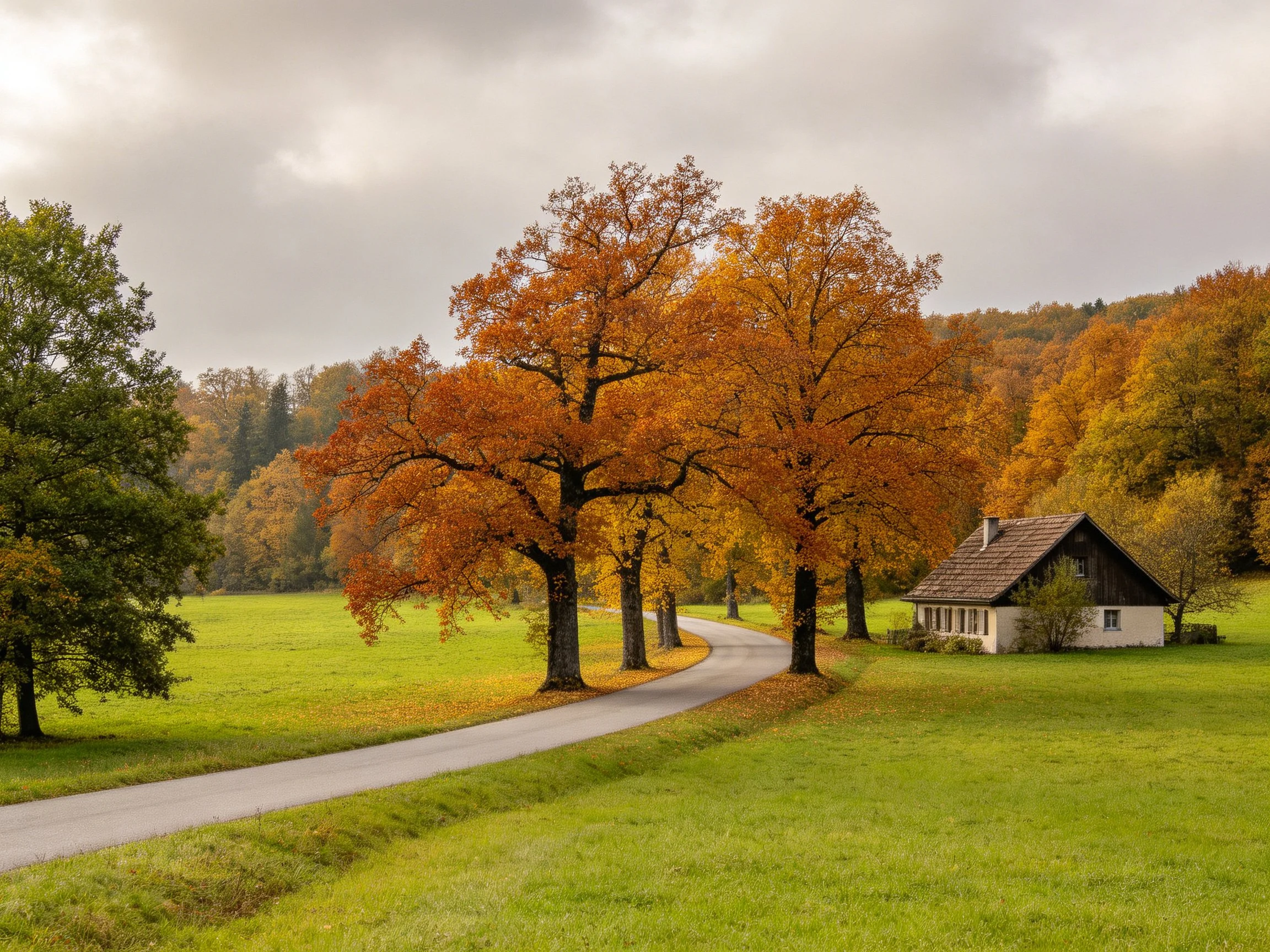 A peaceful countryside scene featuring autumn-colored trees along a winding path beside a small house