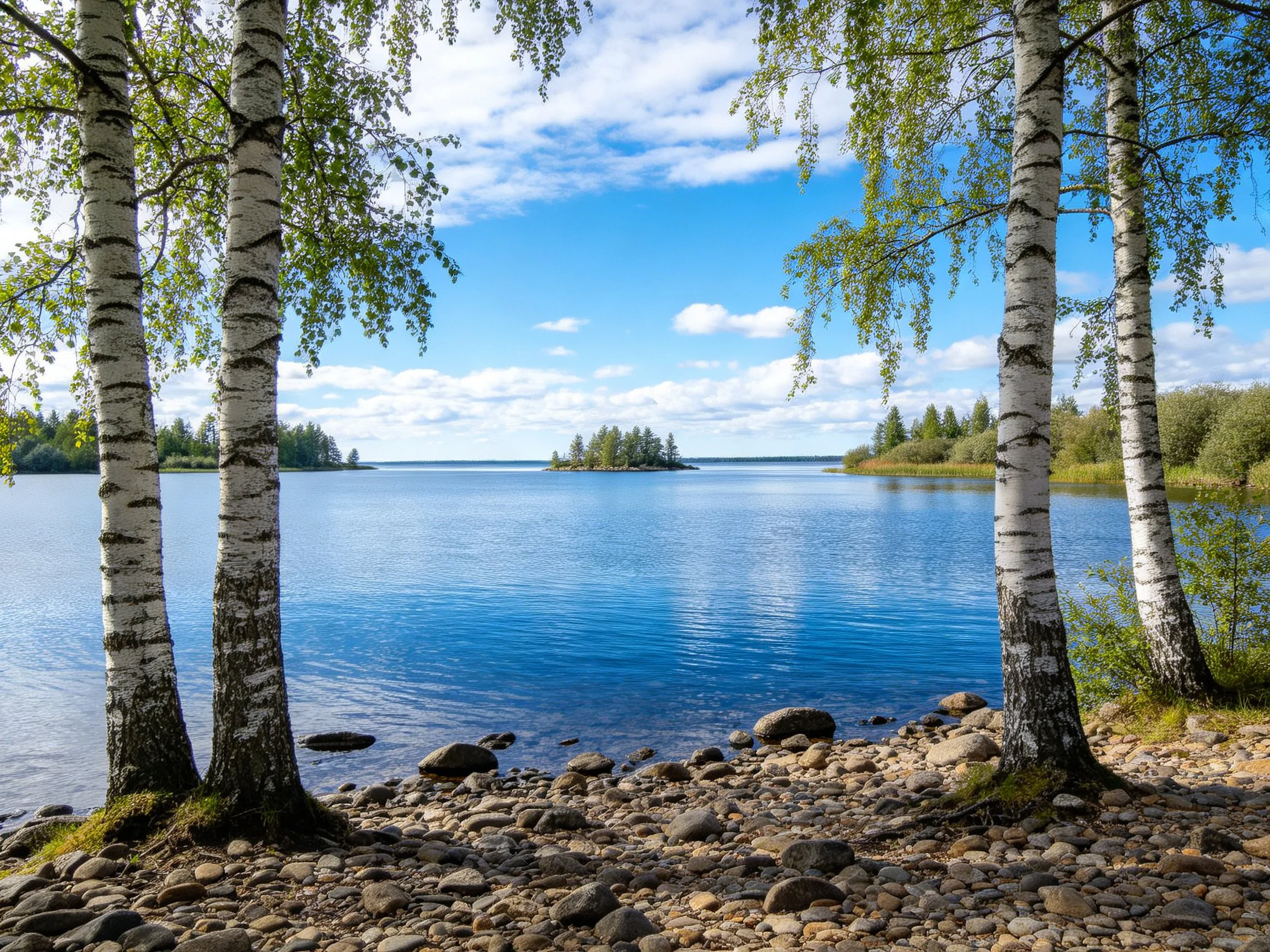 A peaceful lakeside view with white birch trees and blue waters