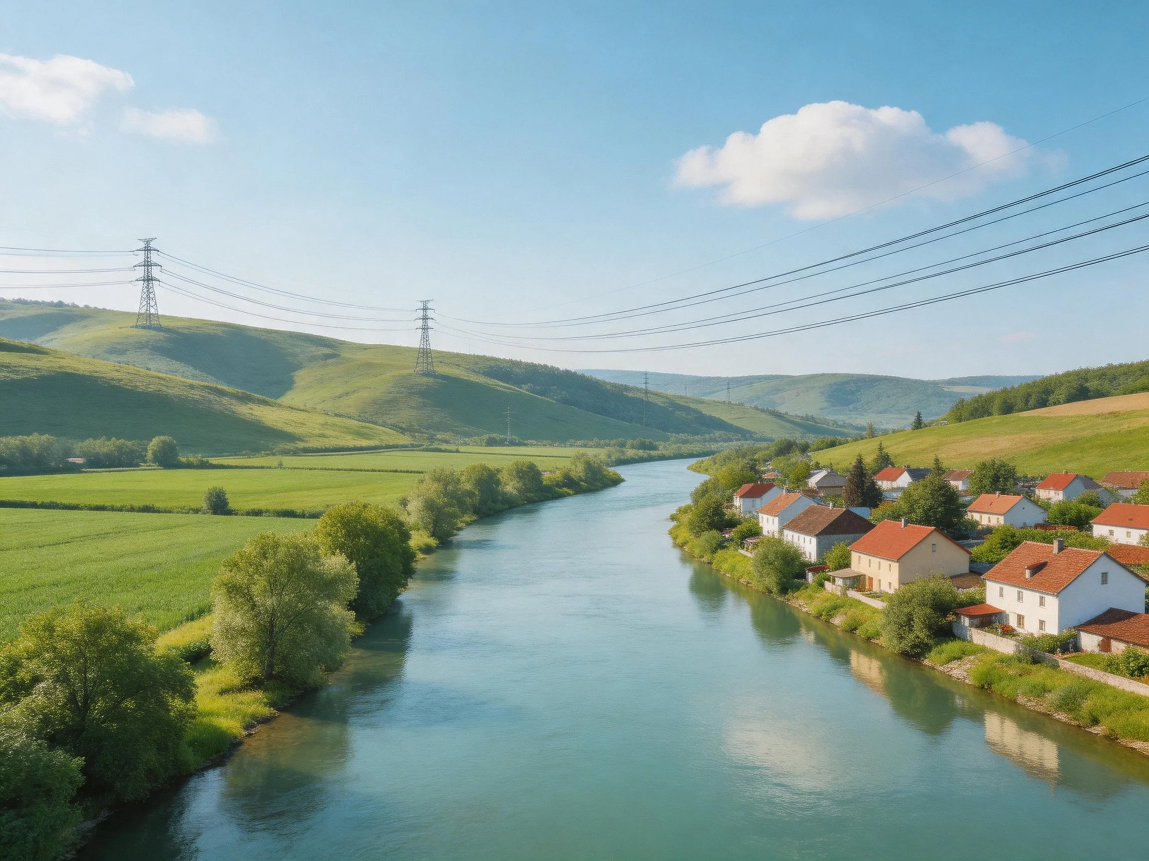 A peaceful river runs alongside red-roofed homes and lush green hills