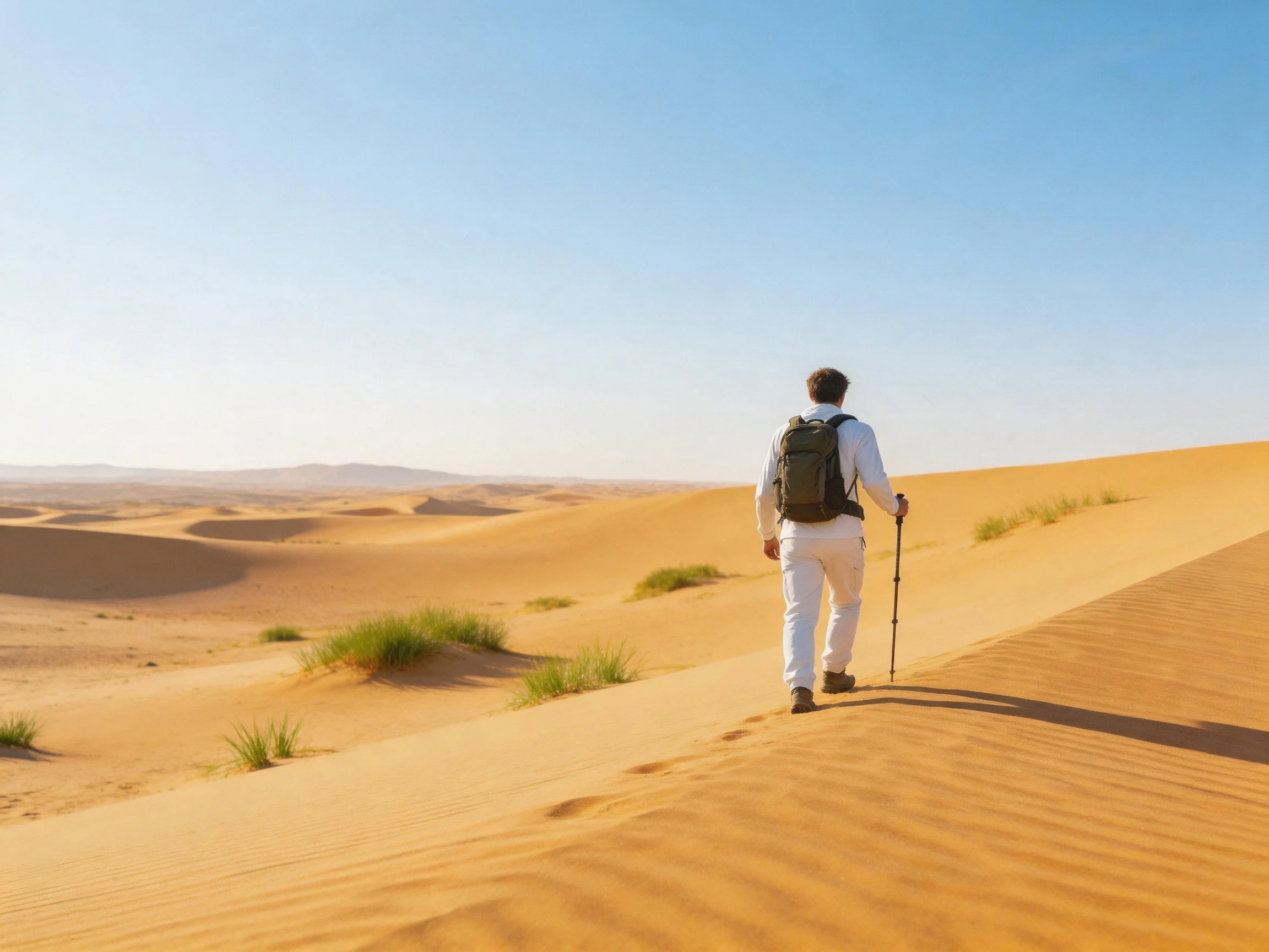 A person hikes through golden sand dunes under clear blue skies