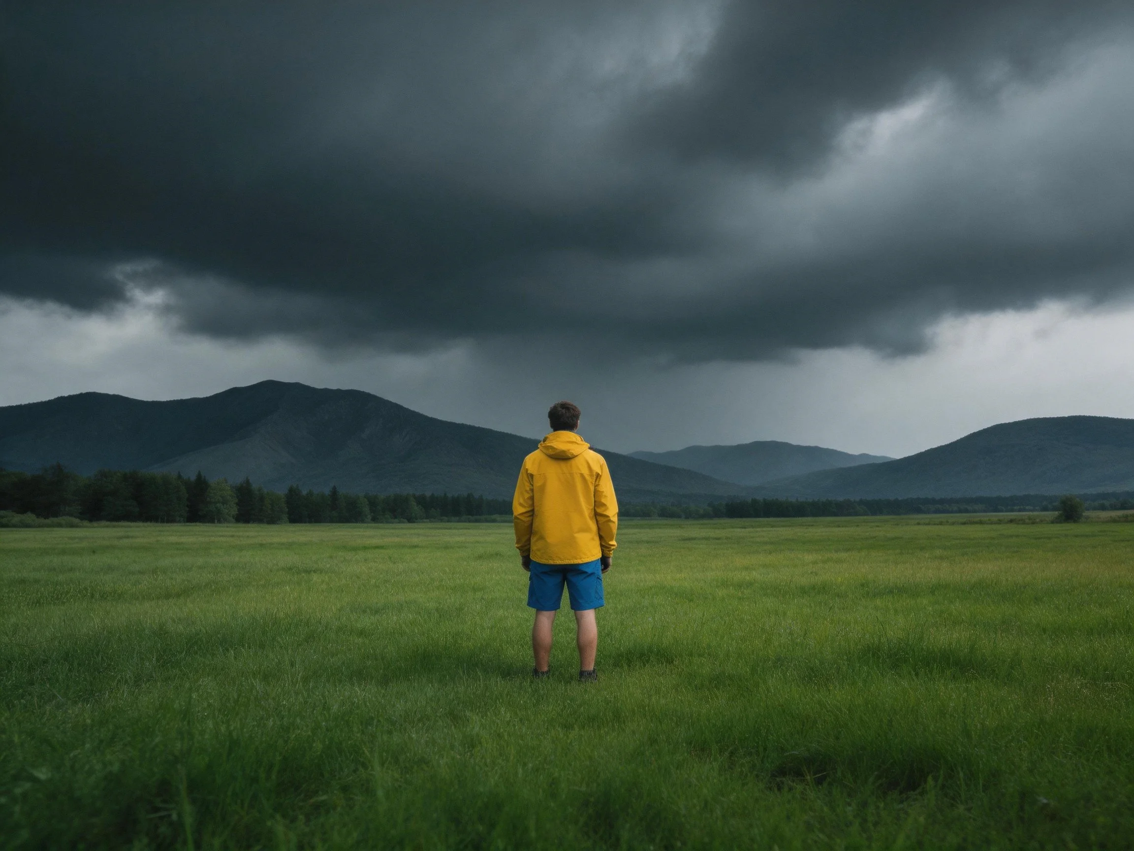 A person in a bright yellow jacket stands in a lush green meadow beneath dark storm clouds