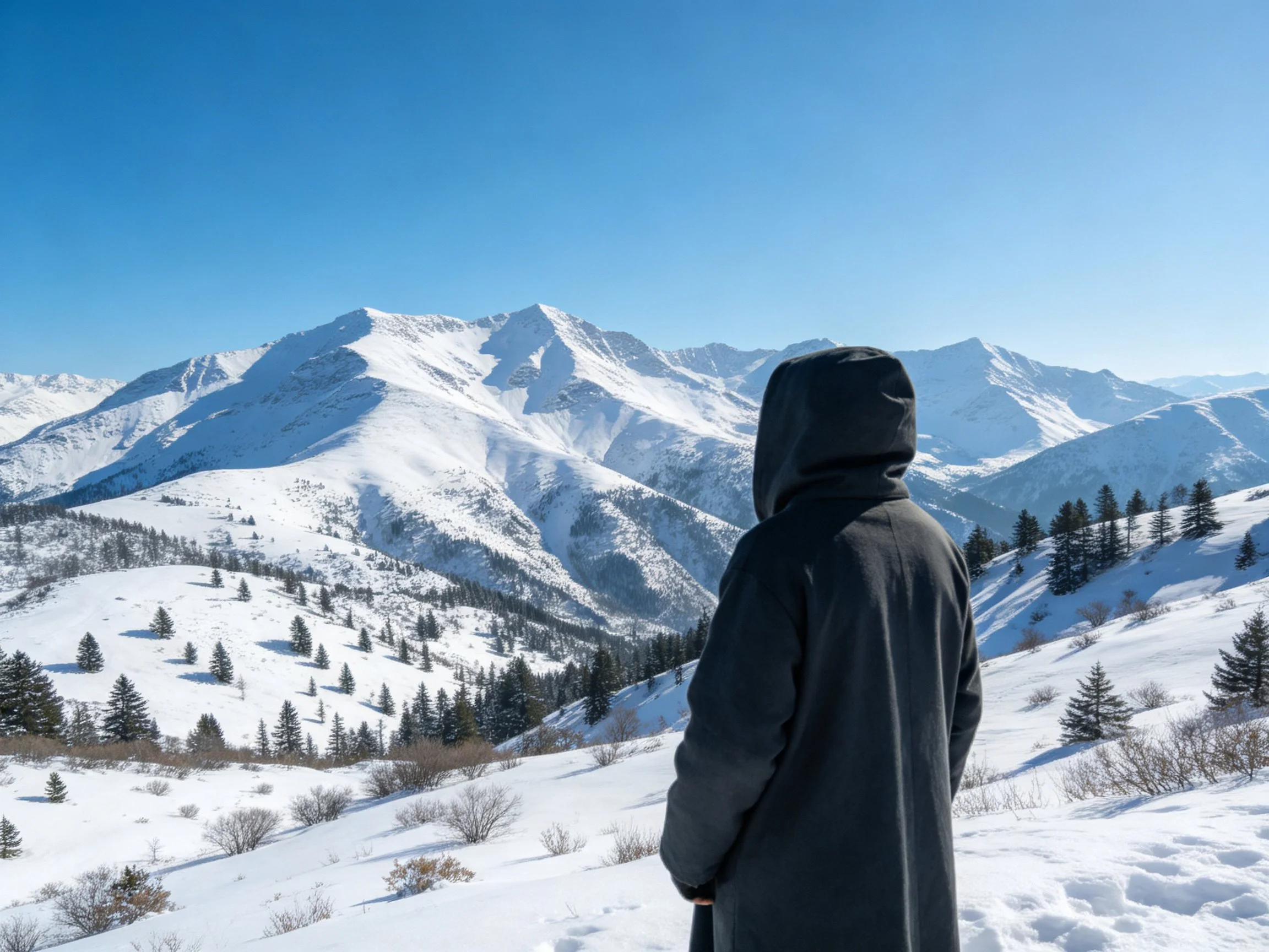 A person in a dark hooded coat views snow - capped mountain ranges under clear blue sky
