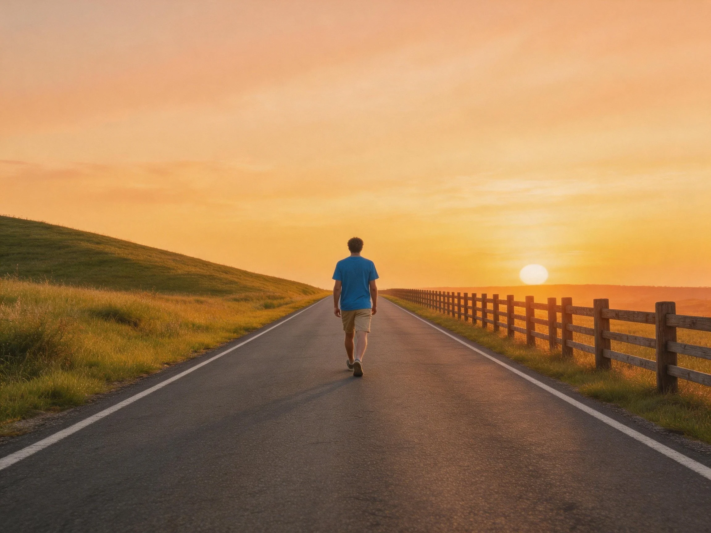 A person in blue shirt walks along empty road at golden sunset with wooden fence