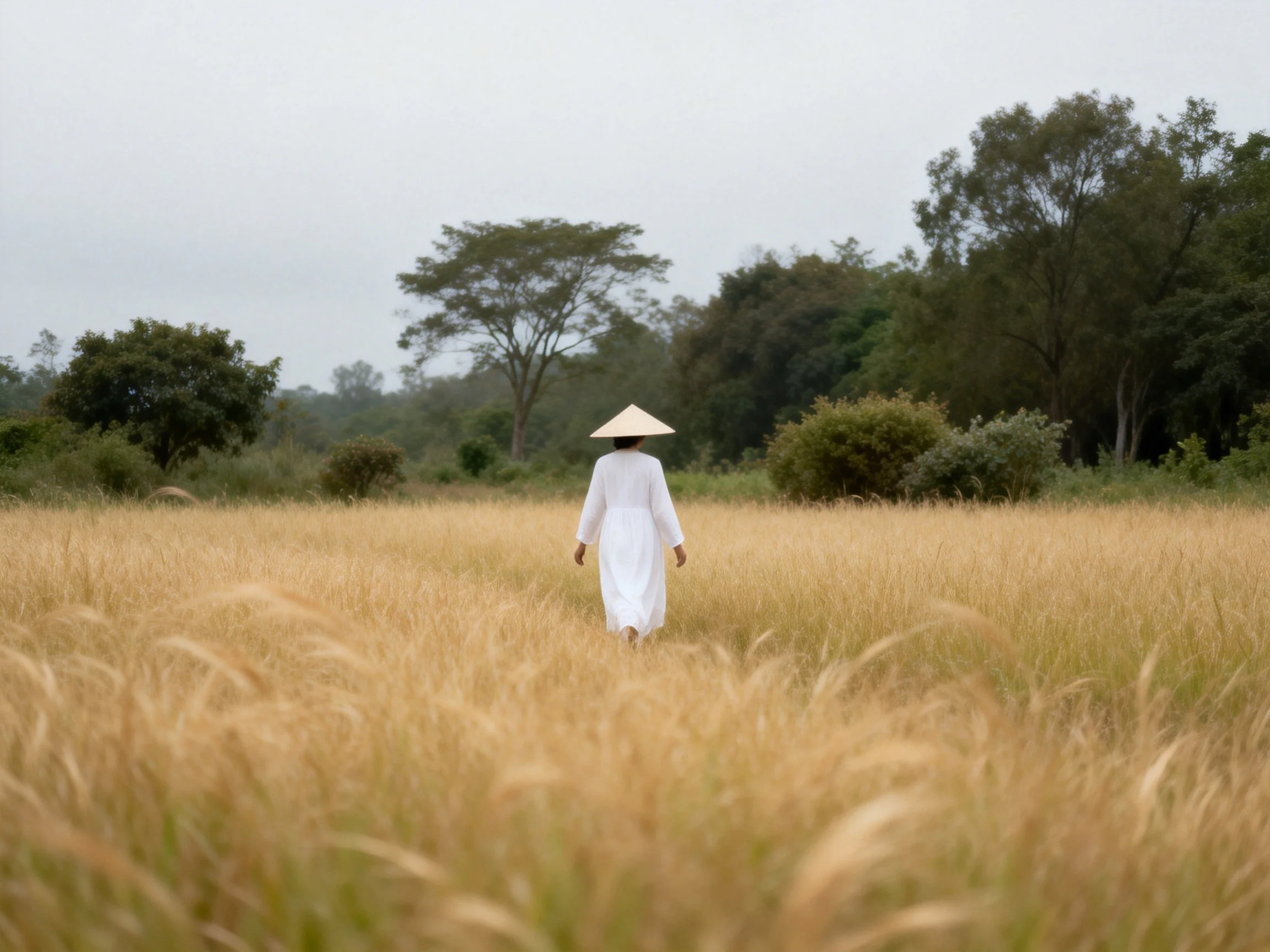 A person in white walks through golden tallgrass near green trees