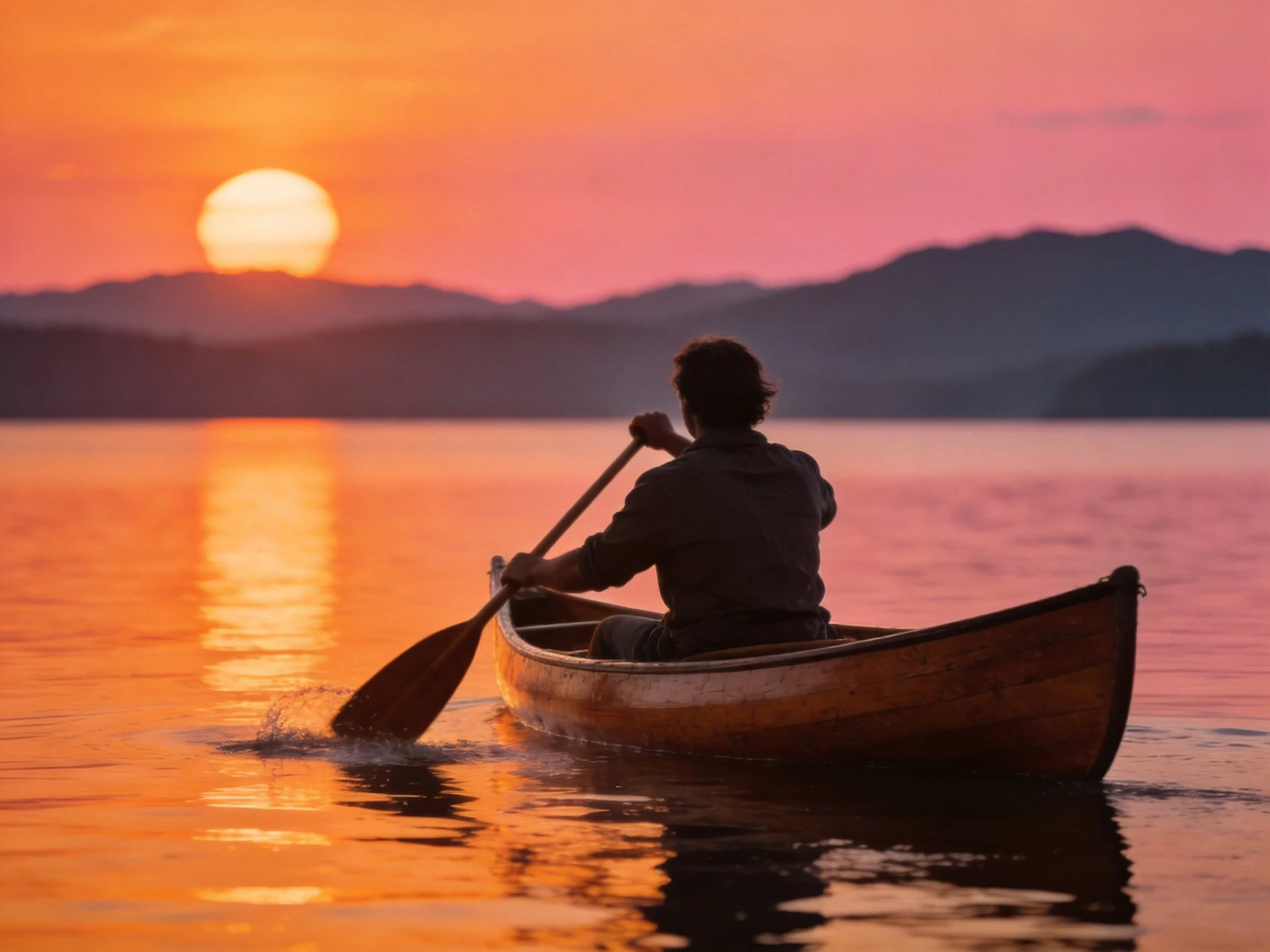 A person paddling a wooden canoe at sunset over calm waters