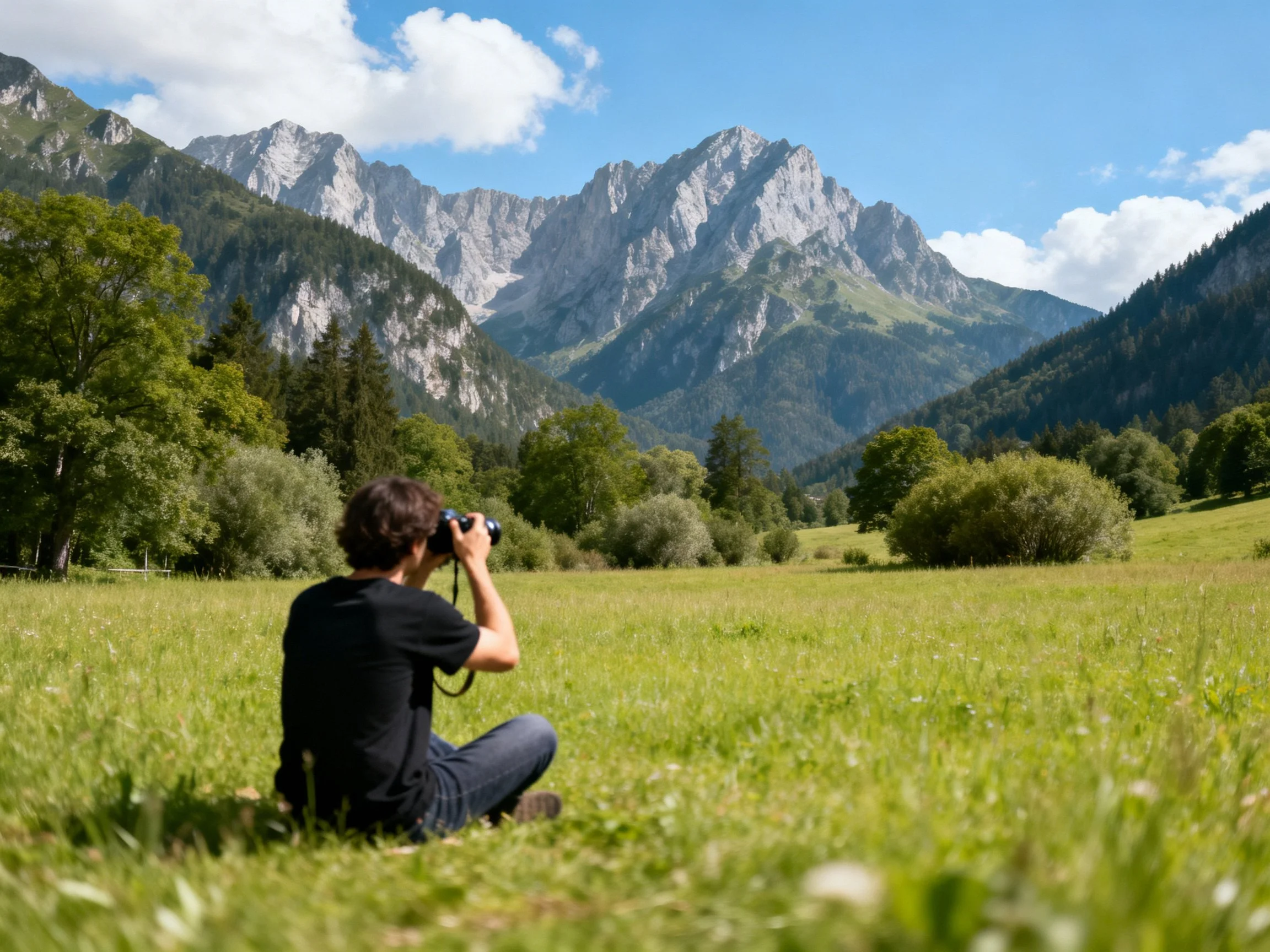 A person photographing a scenic mountain landscape with lush green meadow