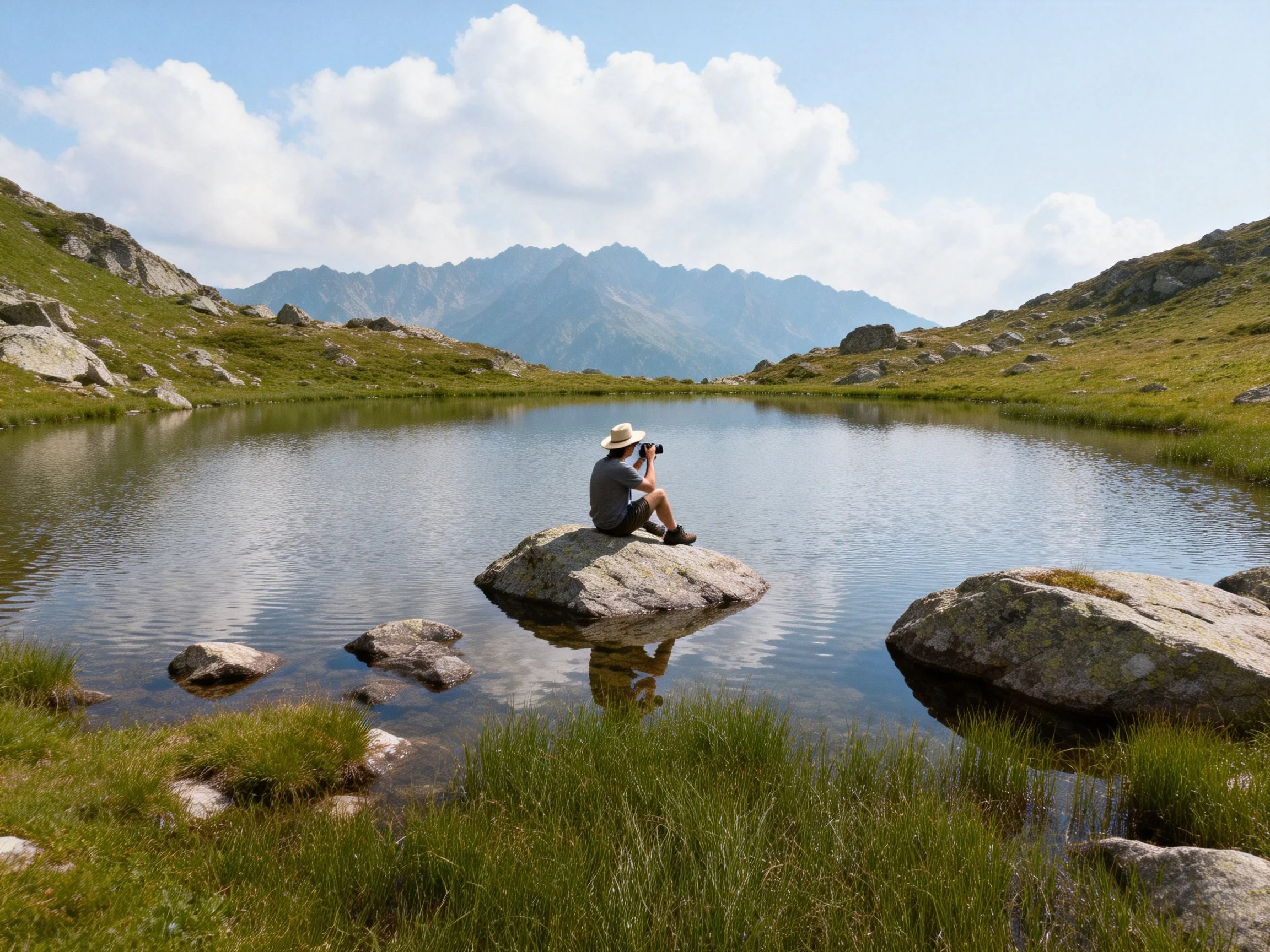 A person photographing a serene mountain lake with rocky shores