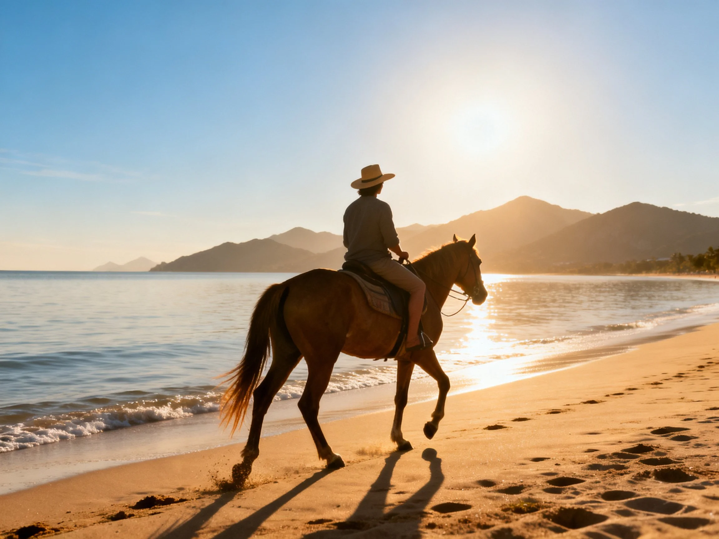 A person rides a brown horse along a sandy beach at sunset