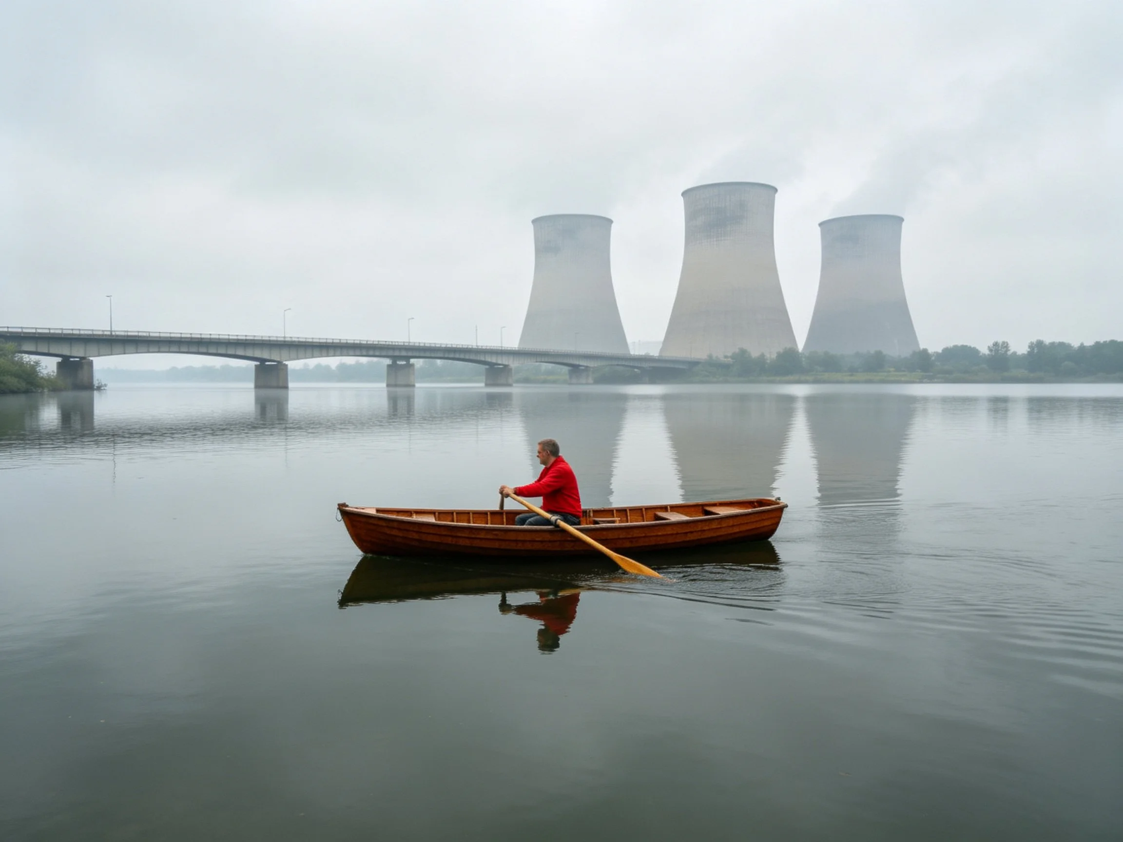 A person rows a wooden boat near cooling towers and a bridge