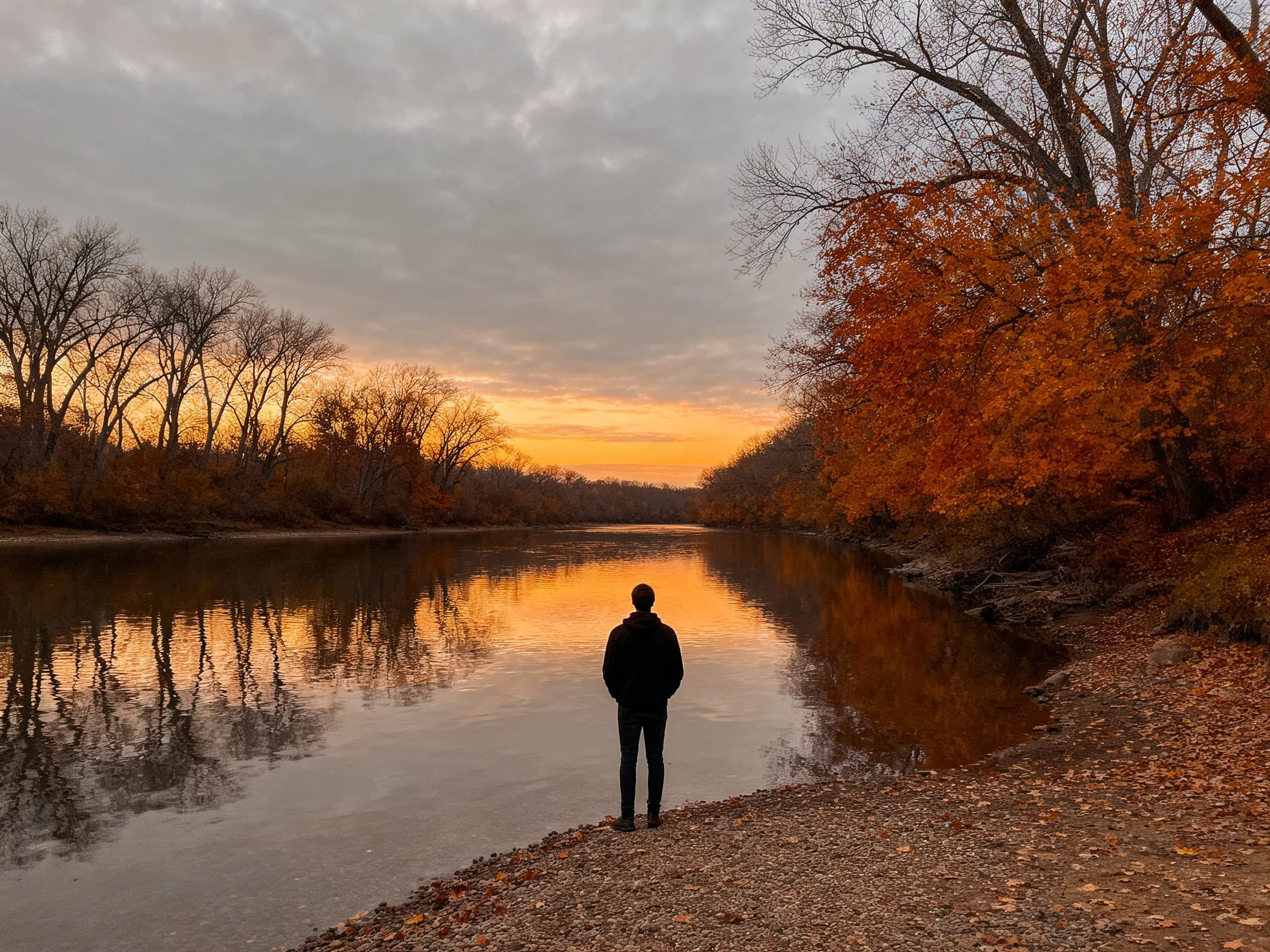 A person stands by a calm river amid autumn foliage at sunset
