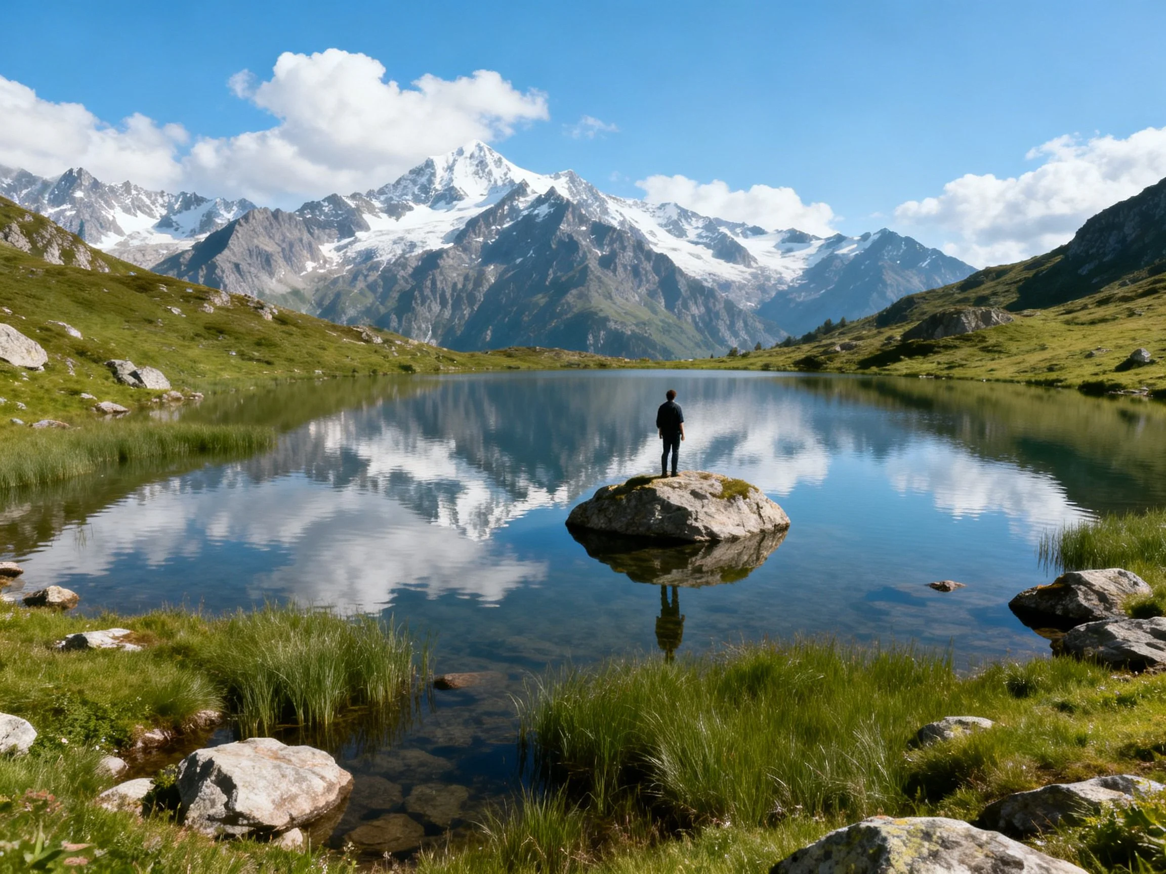 A person stands on a rock near a serene mountain lake with snow-capped peaks