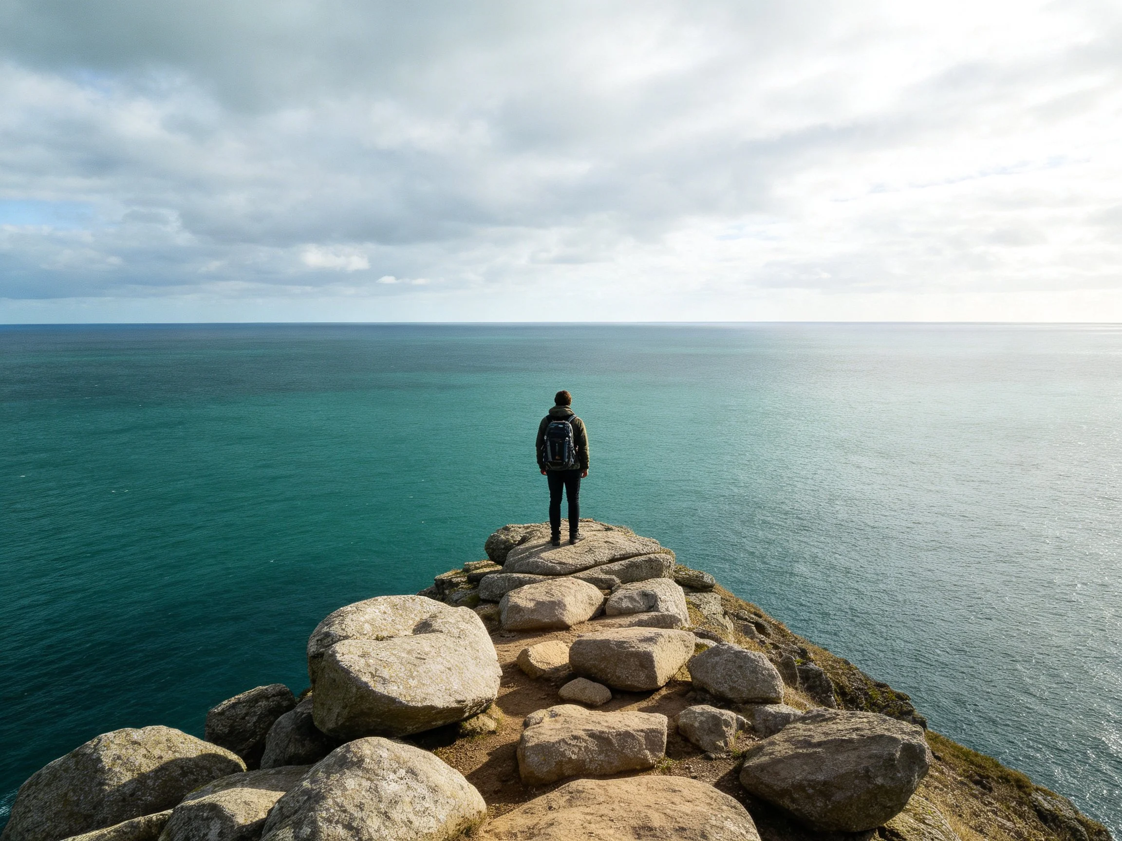 A person stands on rocky cliffs overlooking turquoise seas under cloudy skies