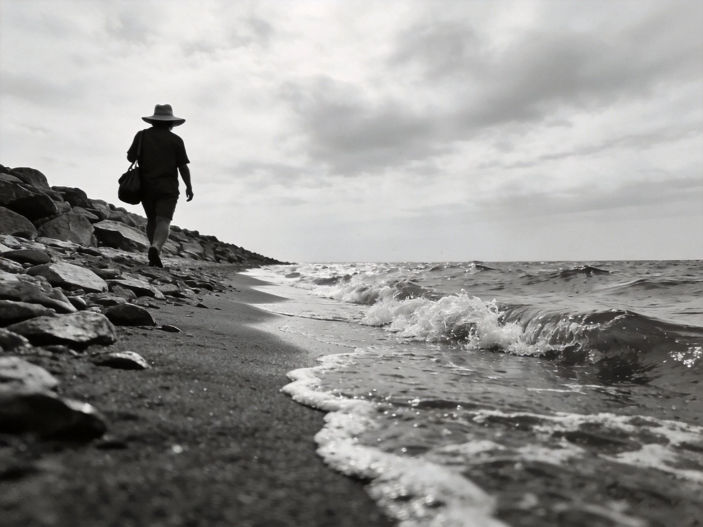 A person walks along a rocky shoreline with crashing ocean waves