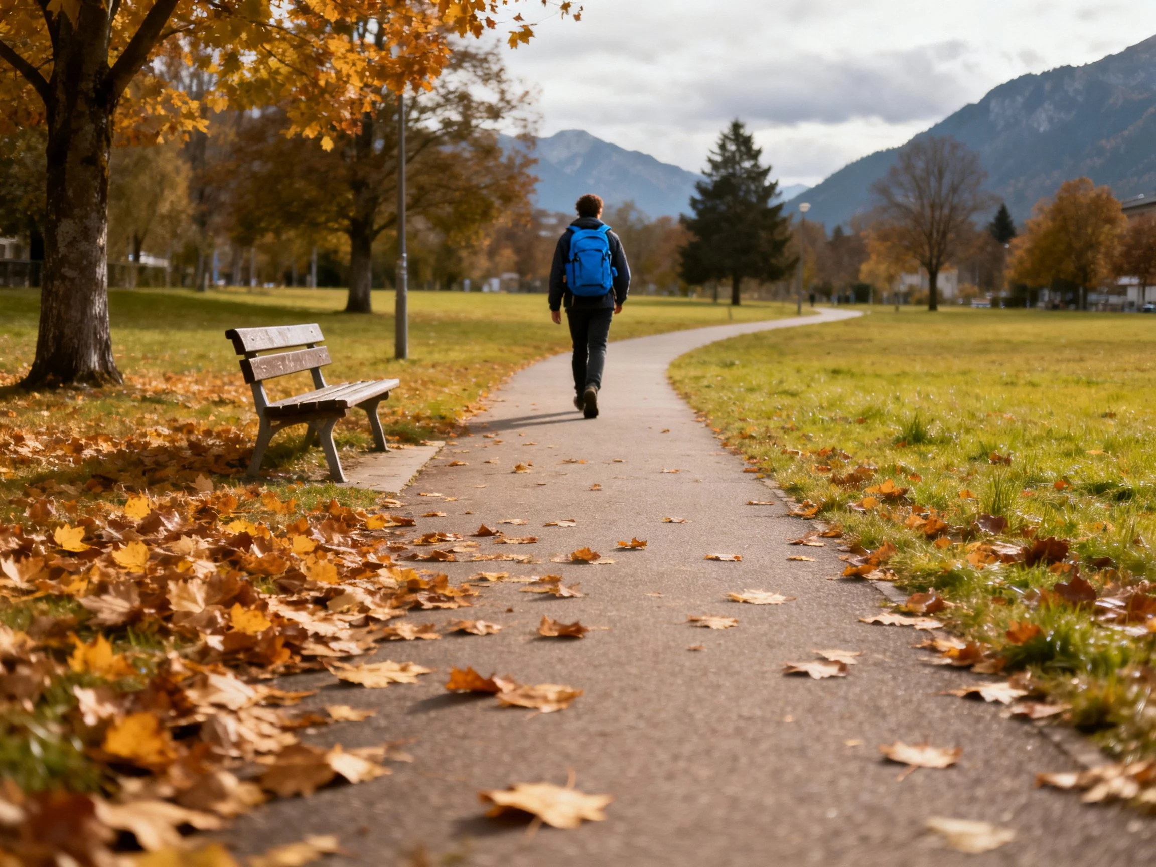 A person walks along an autumn path with golden leaves and distant mountains