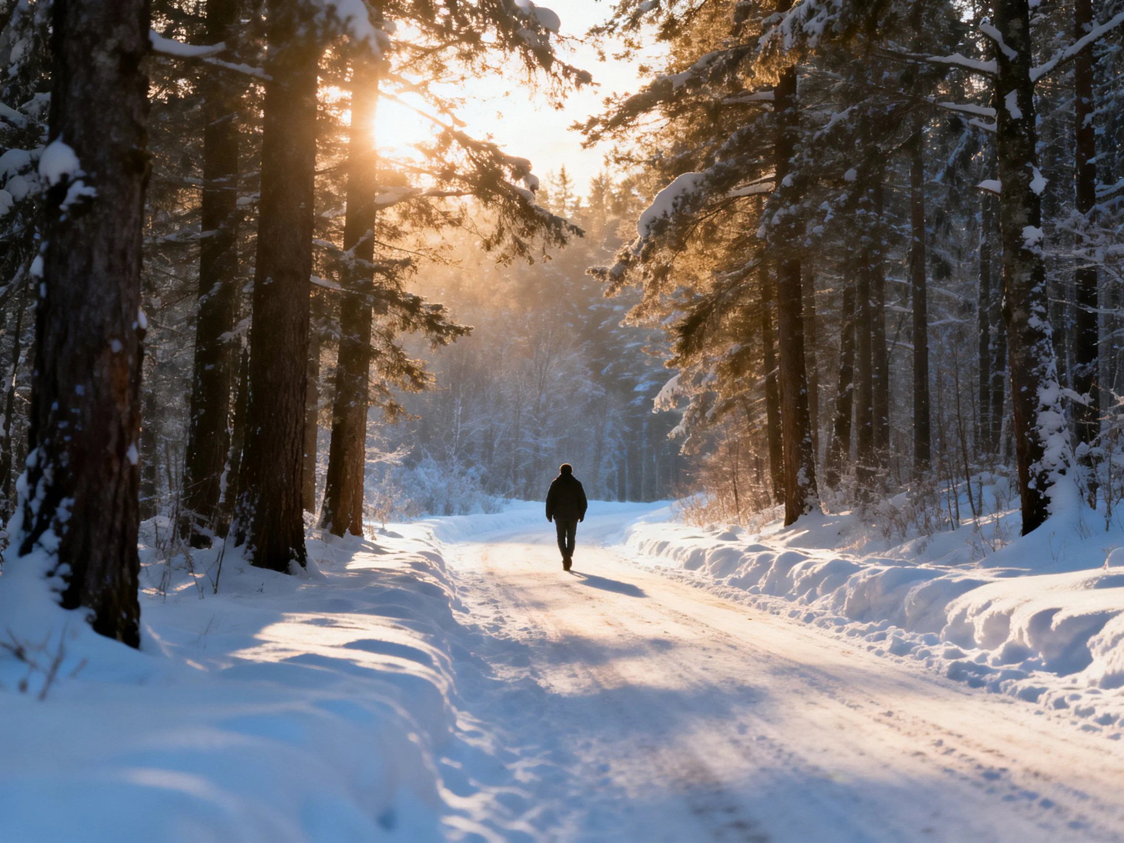A person walks down a sunlit, snow-covered forest path