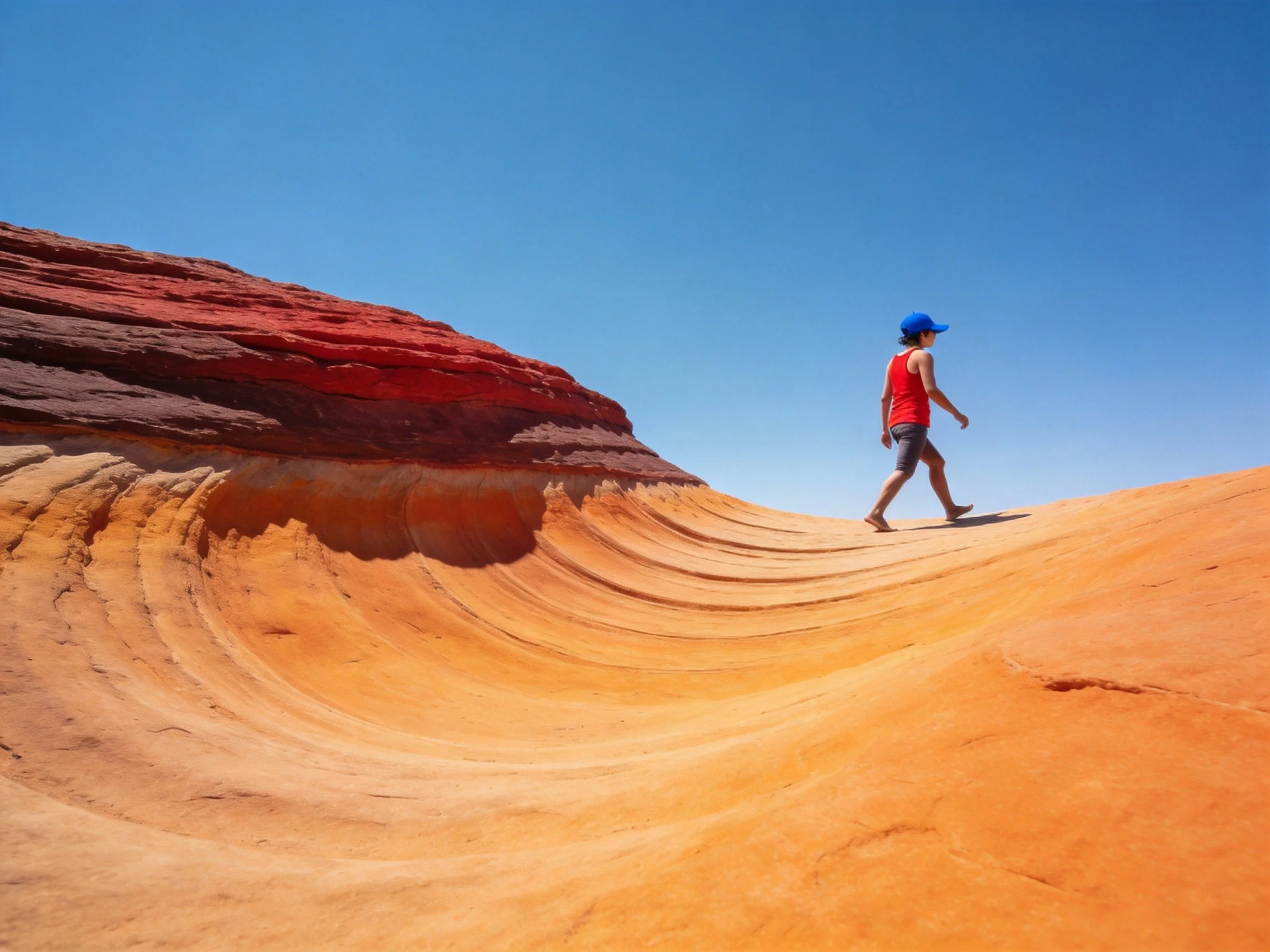 A person walks on colorful, wavy sandstone formations under bright blue sky