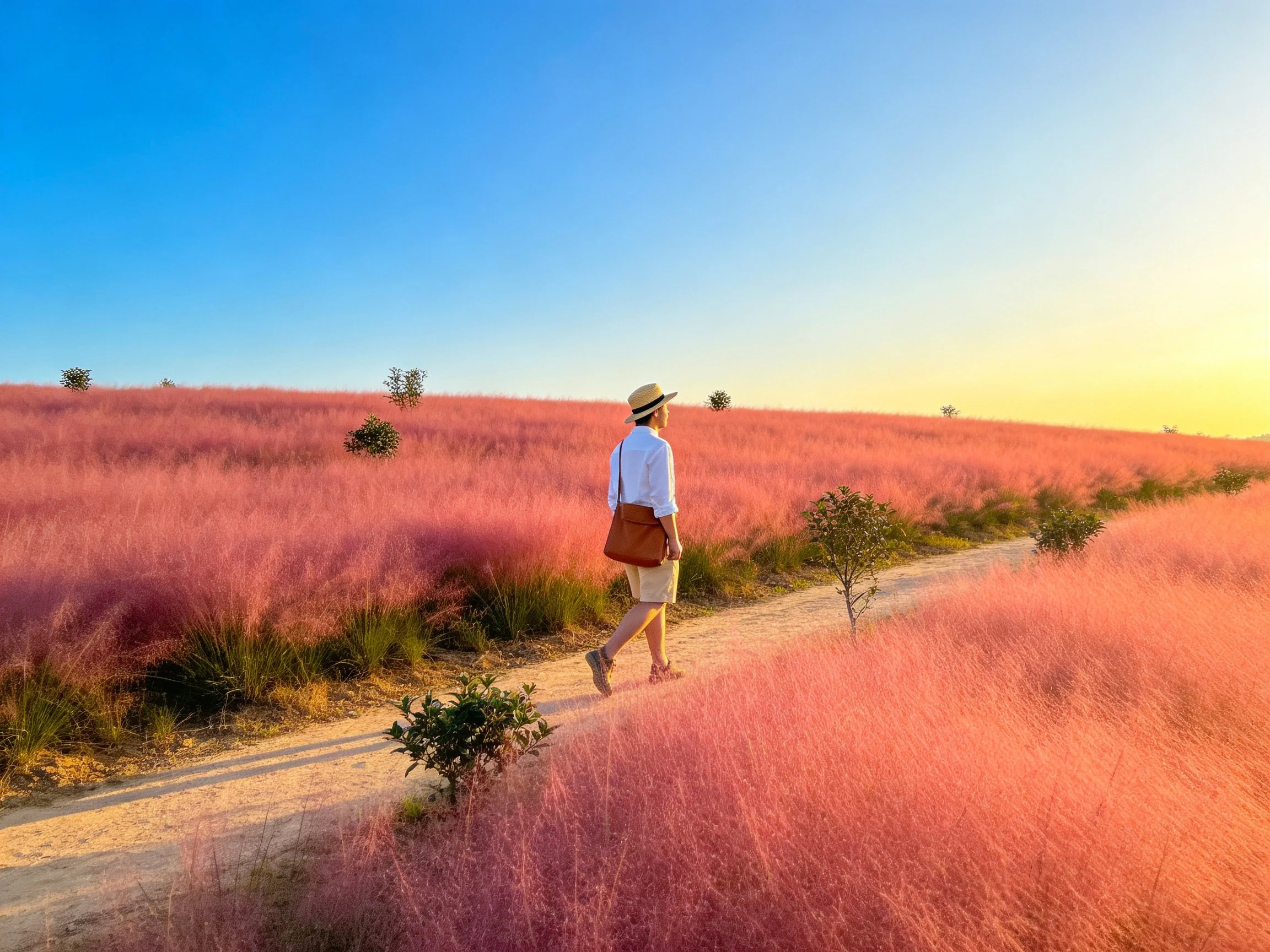 A person walks through vibrant pink grassy fields under clear blue skies