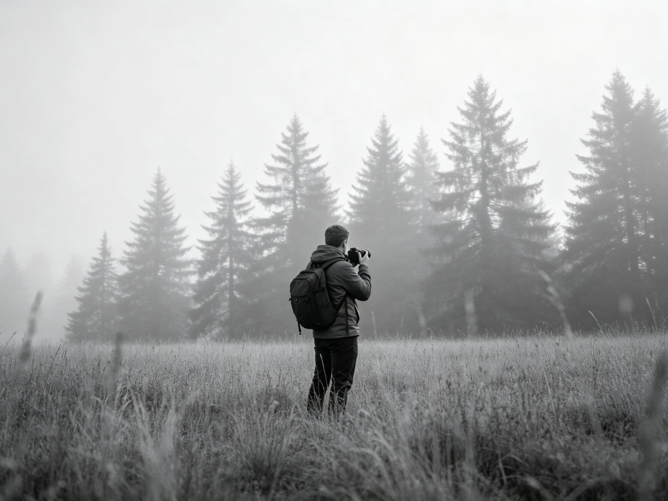 A photographer capturing misty forest landscape with tall evergreens