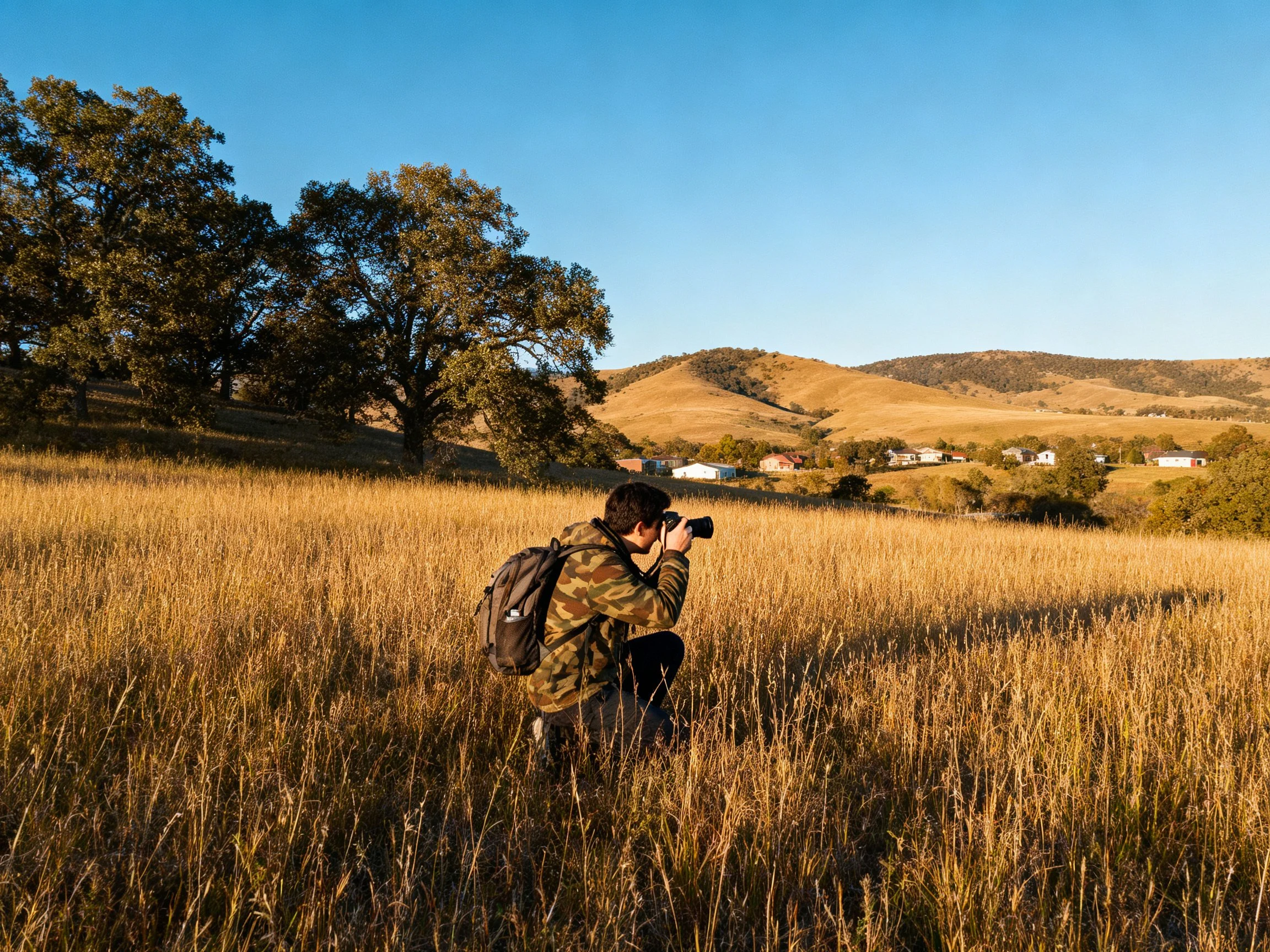 A photographer crouches in golden tallgrass near oak trees and rolling hills