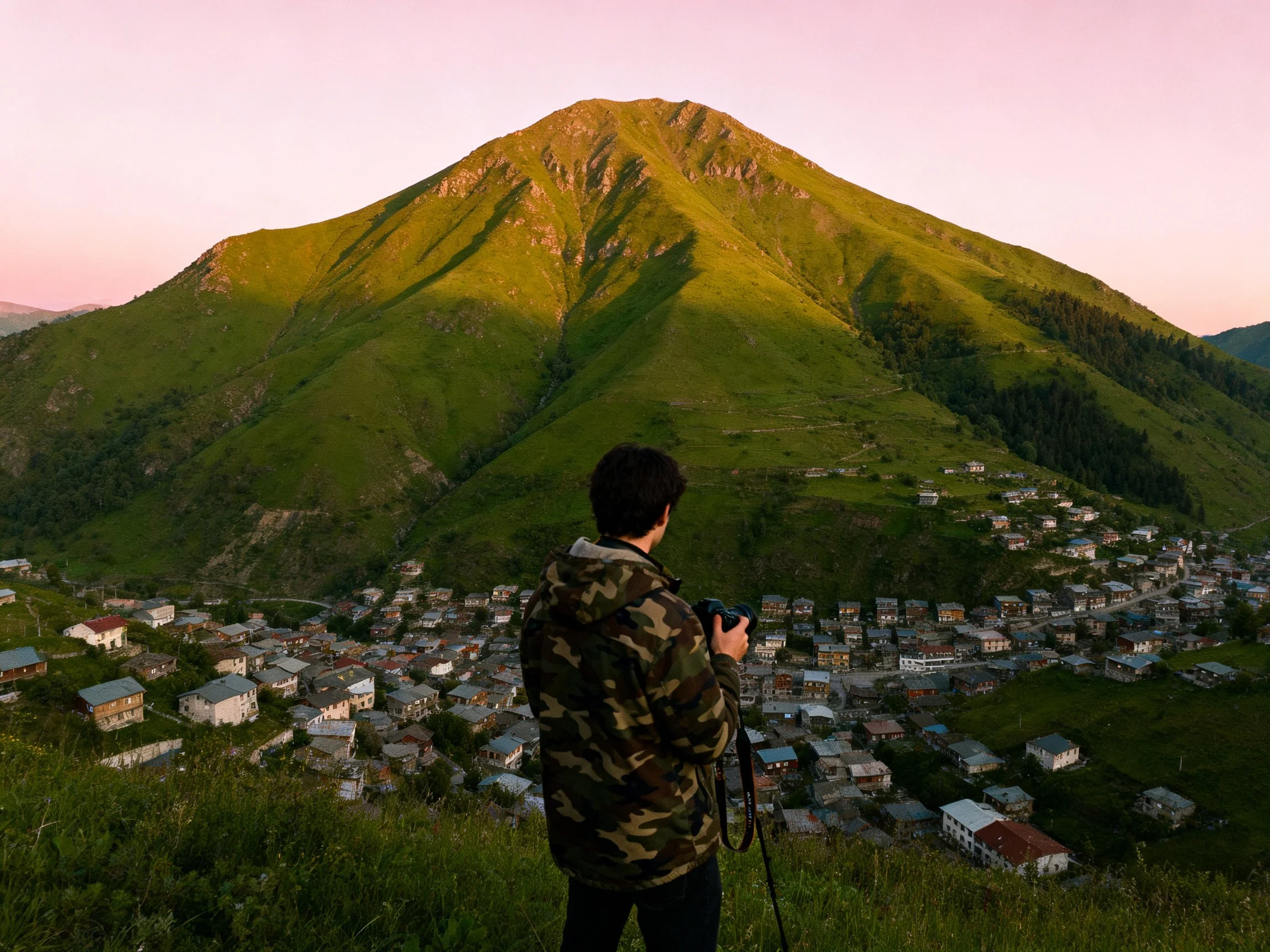 A photographer overlooks a village beneath a golden mountain