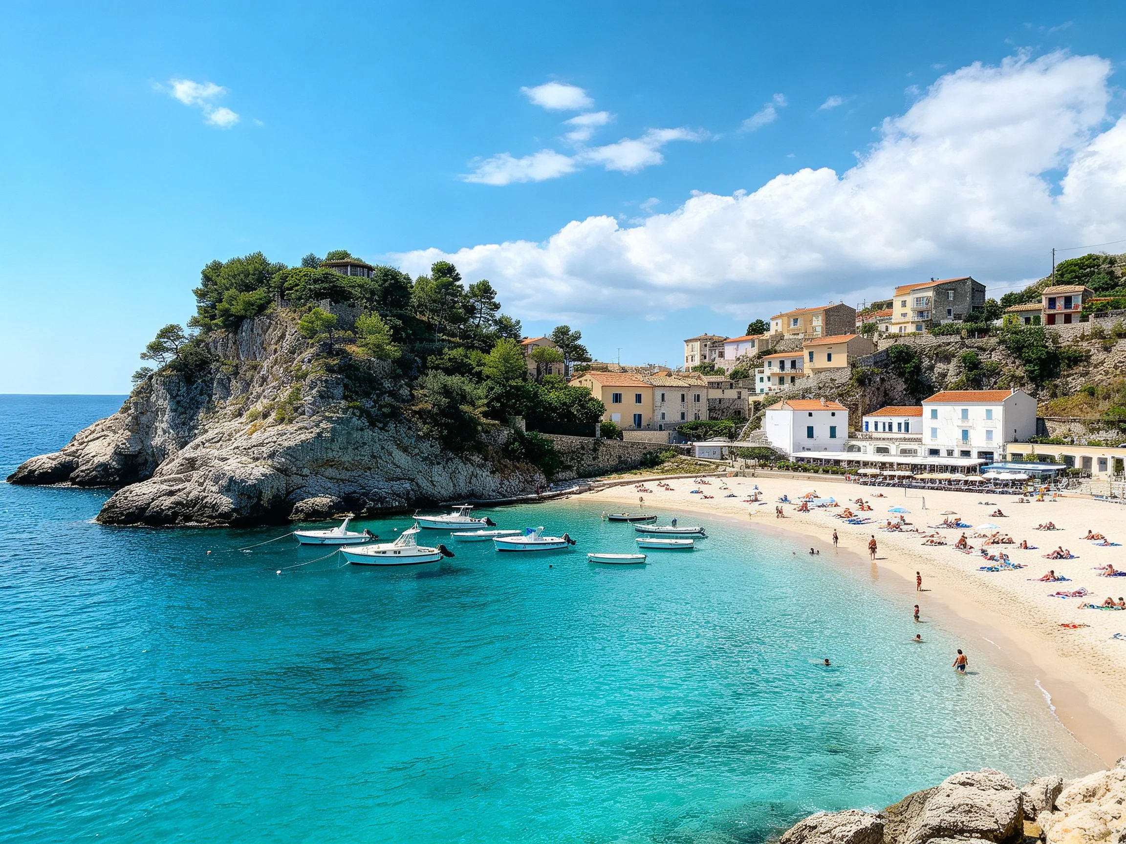 A picturesque beach with turquoise water, boats, and hillside buildings