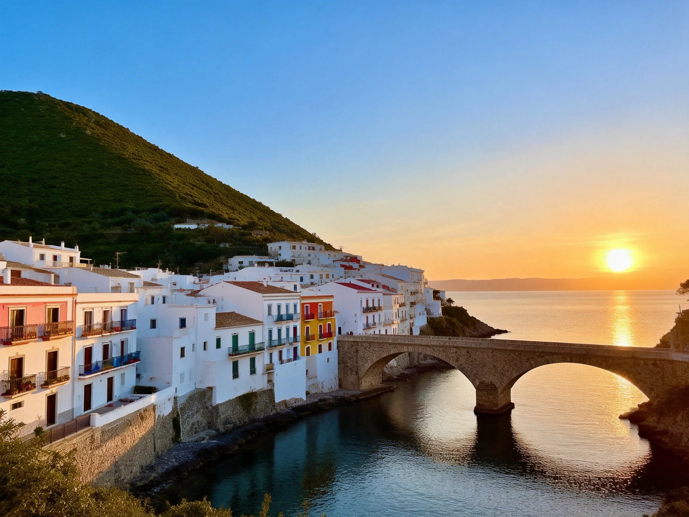 A picturesque coastal village with colorful whitewashed houses