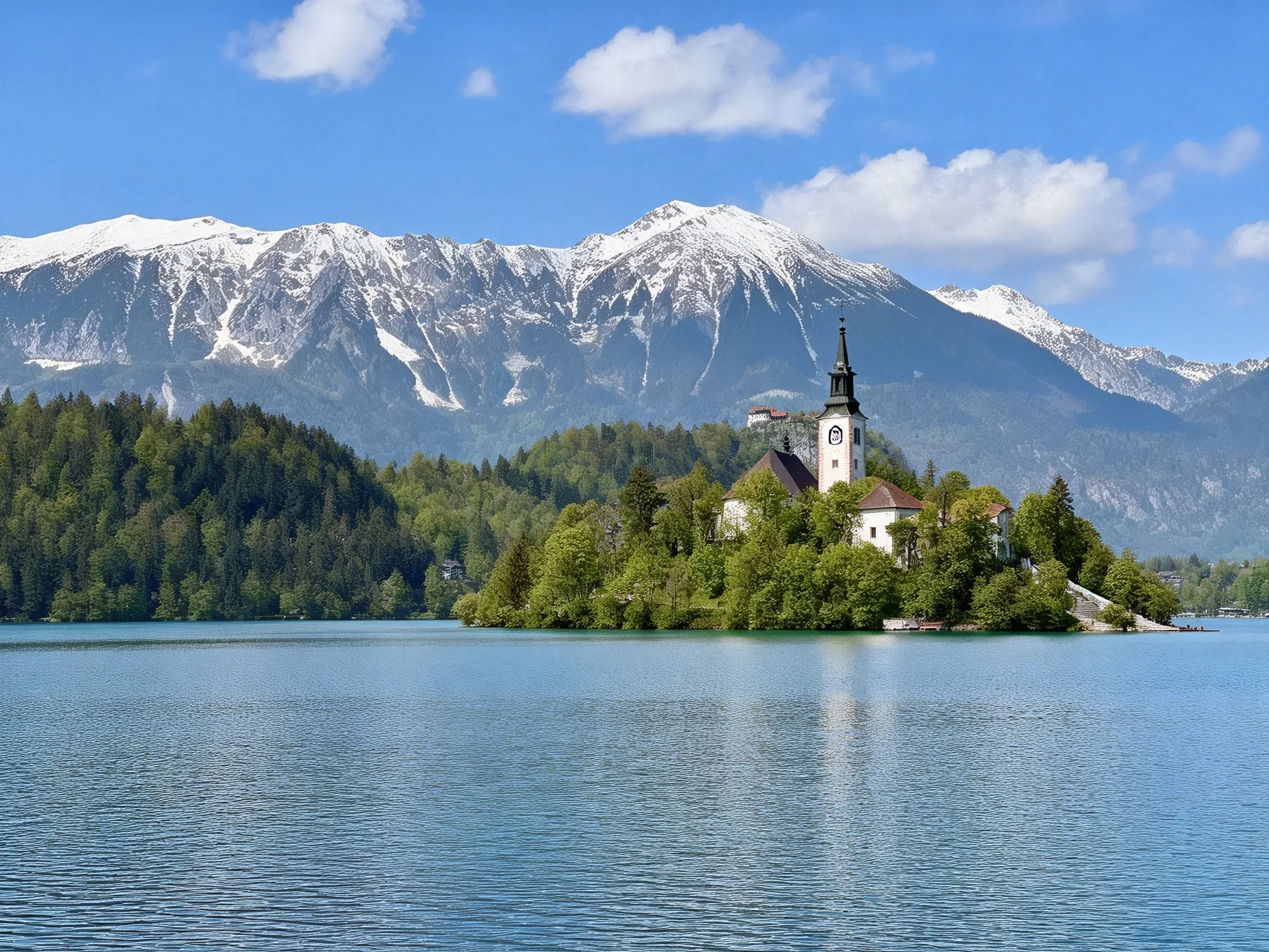 A picturesque lake with an island church, lush forests, and snow-capped mountains