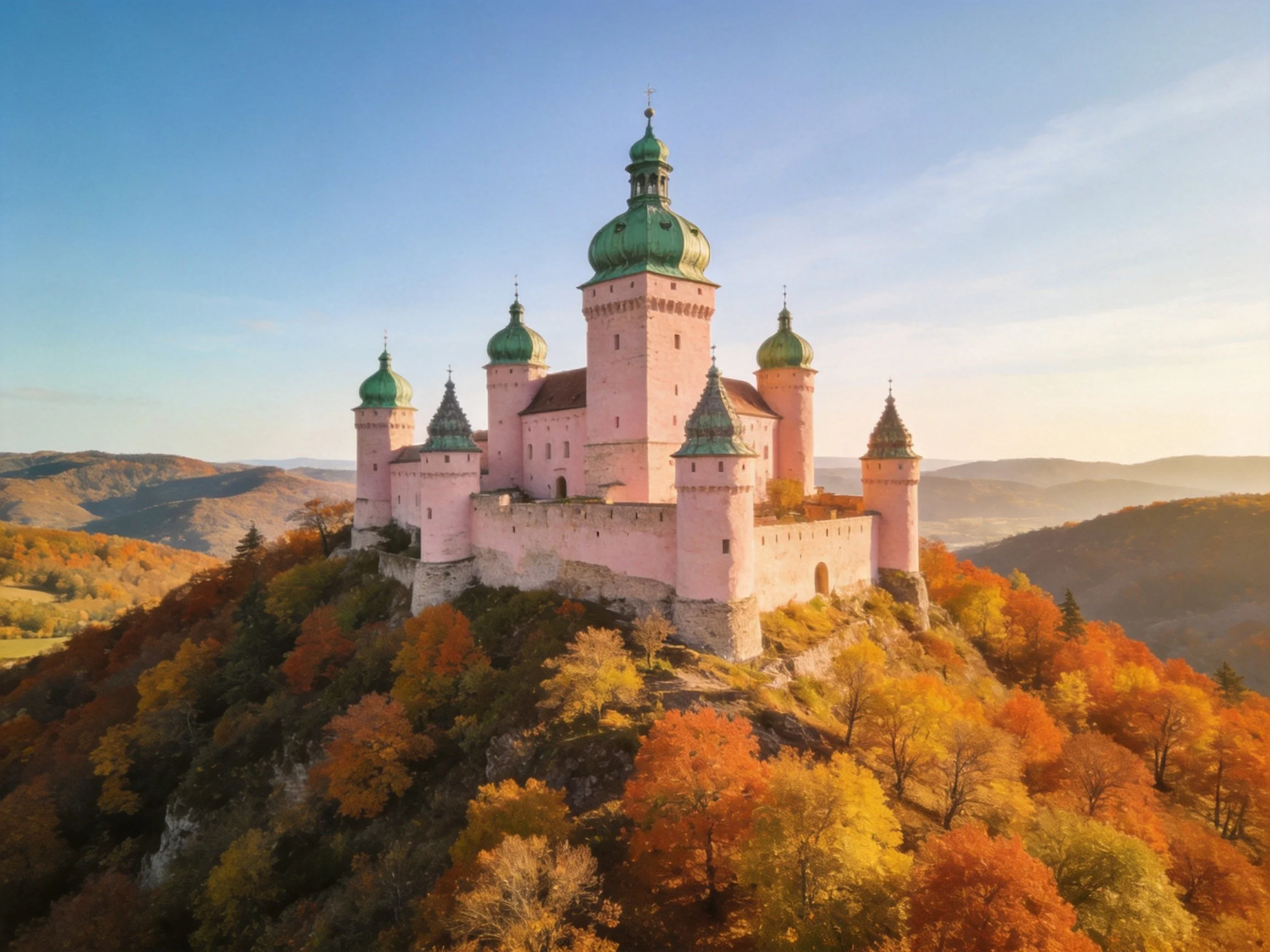 A pink castle with green domes atop an autumn-hued hill