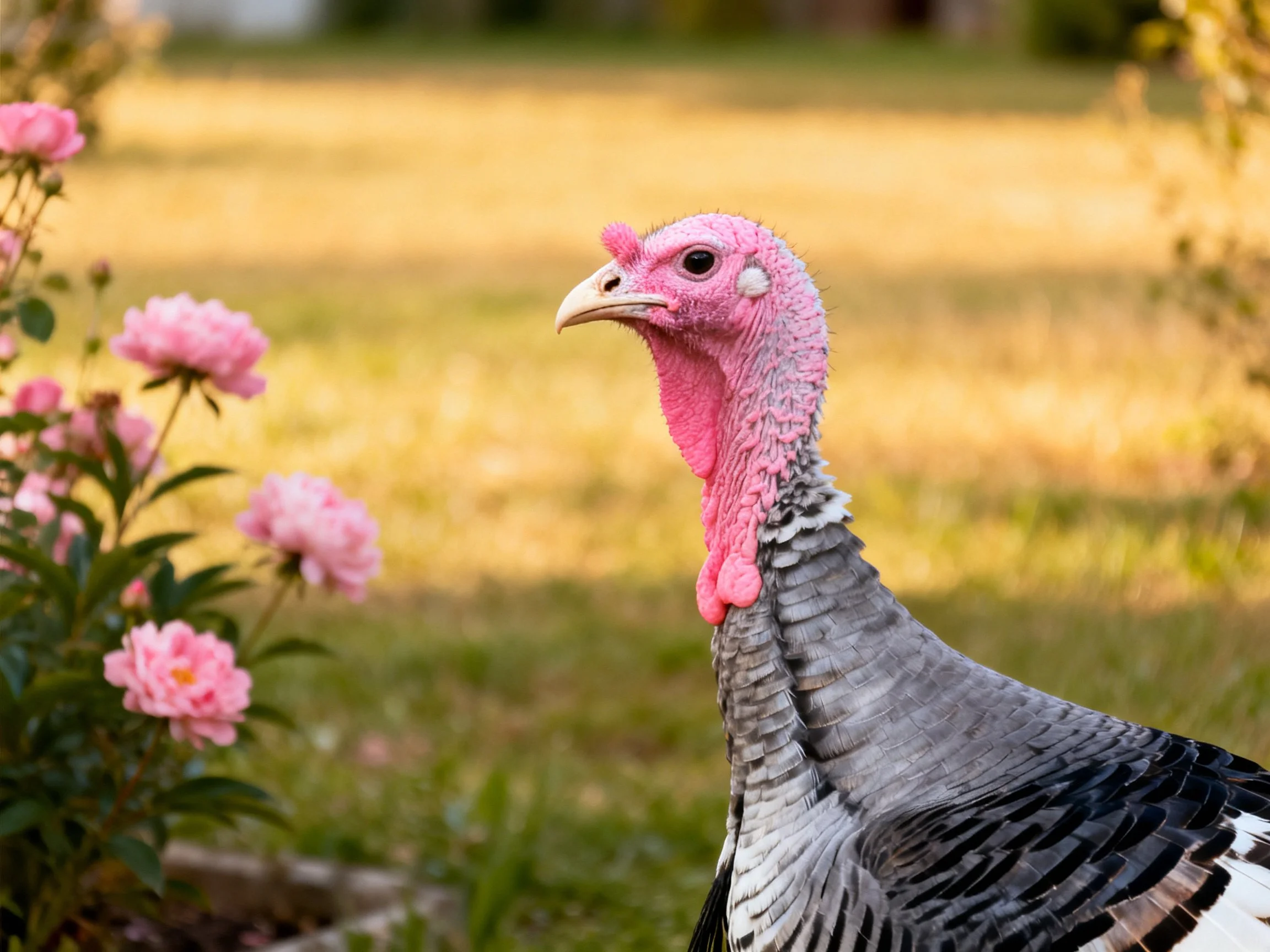 A pink-headed turkey near blooming pink roses in a sunlit yard