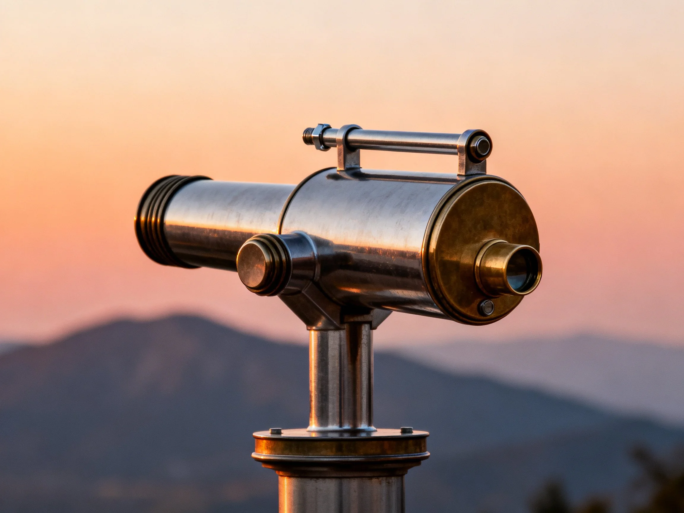 A polished metal viewing scope near mountainous sunset