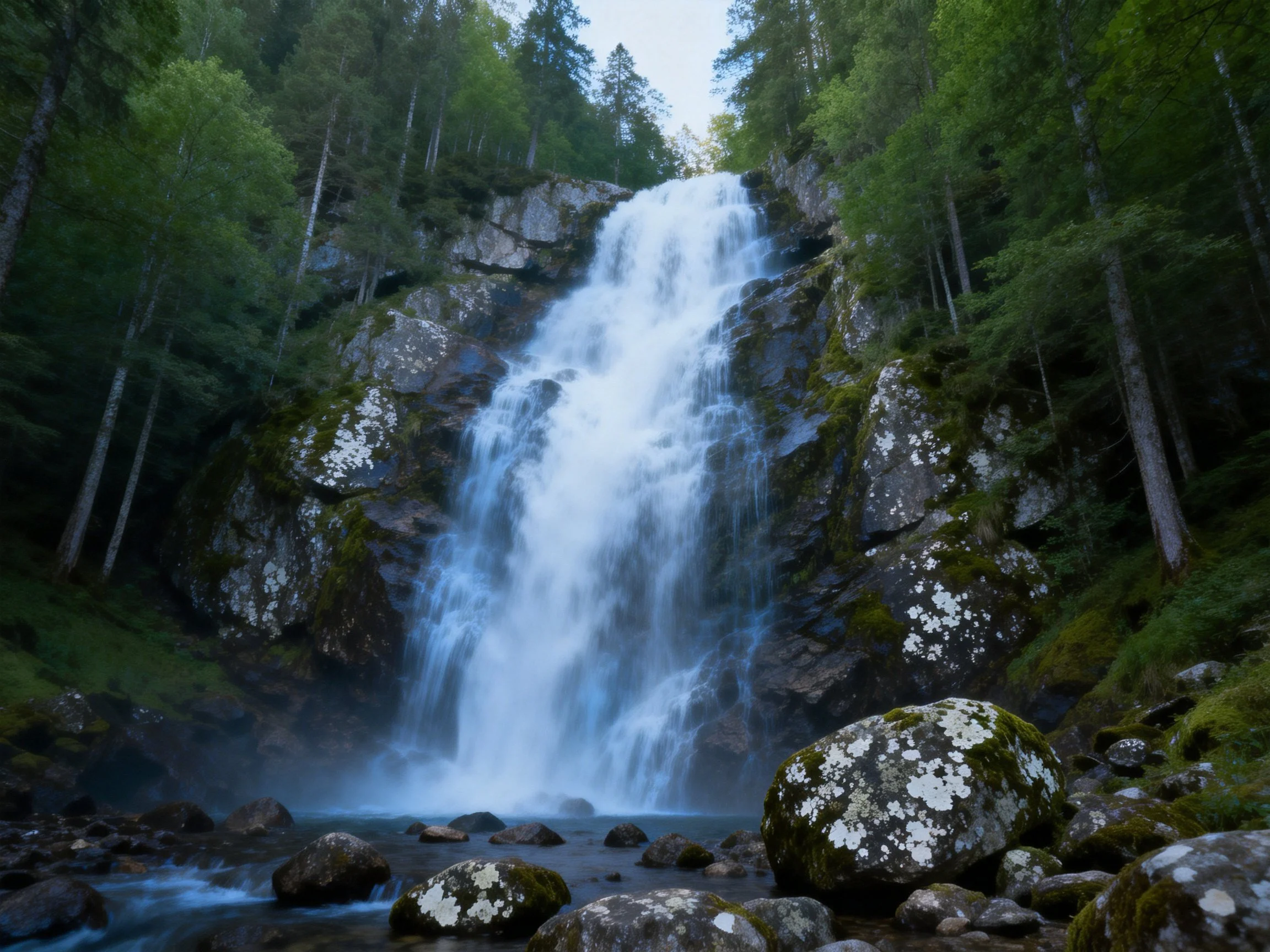 A powerful waterfall cascades down rocky cliffs amid lush green trees