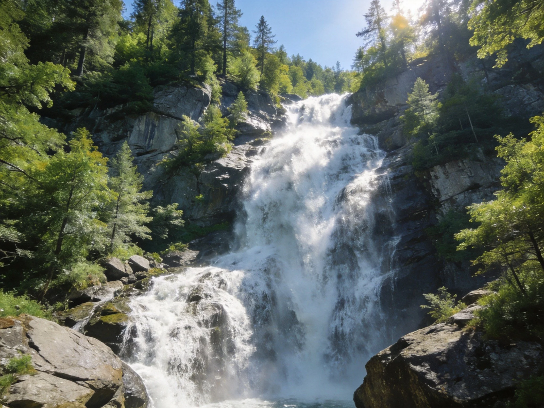 A powerful waterfall cascades down rocky cliffs amid lush green trees