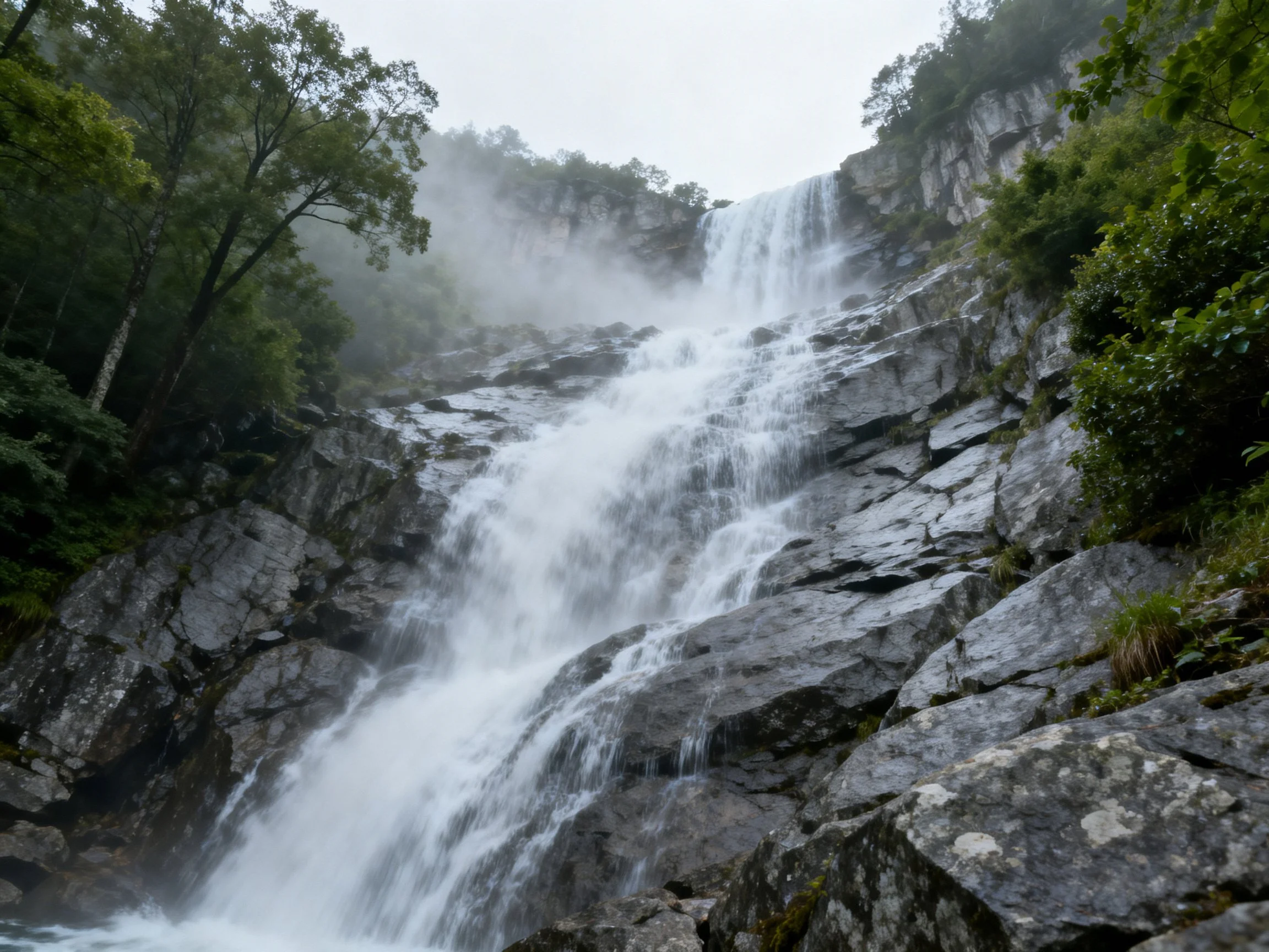A powerful waterfall cascades down rocky cliffs surrounded by lush greenery.