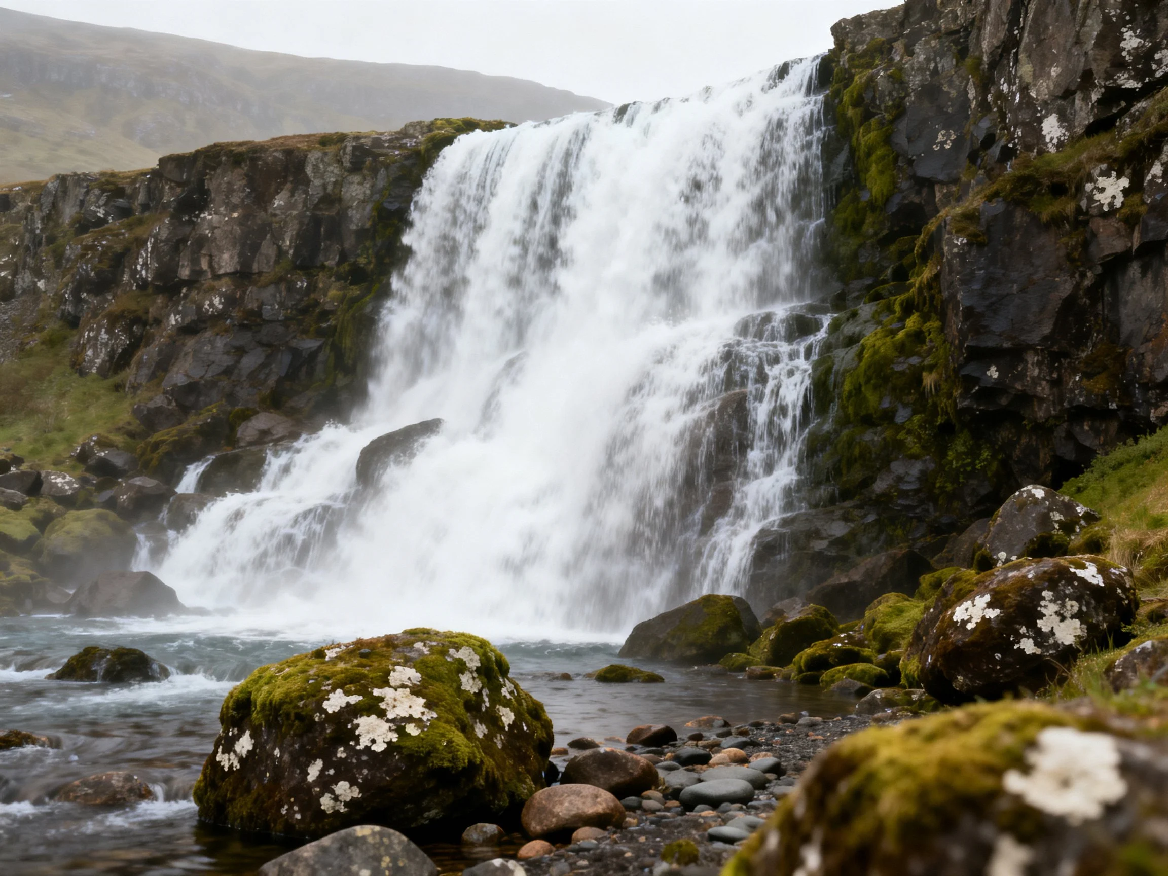 A powerful waterfall cascades over moss-covered rocks into a stream