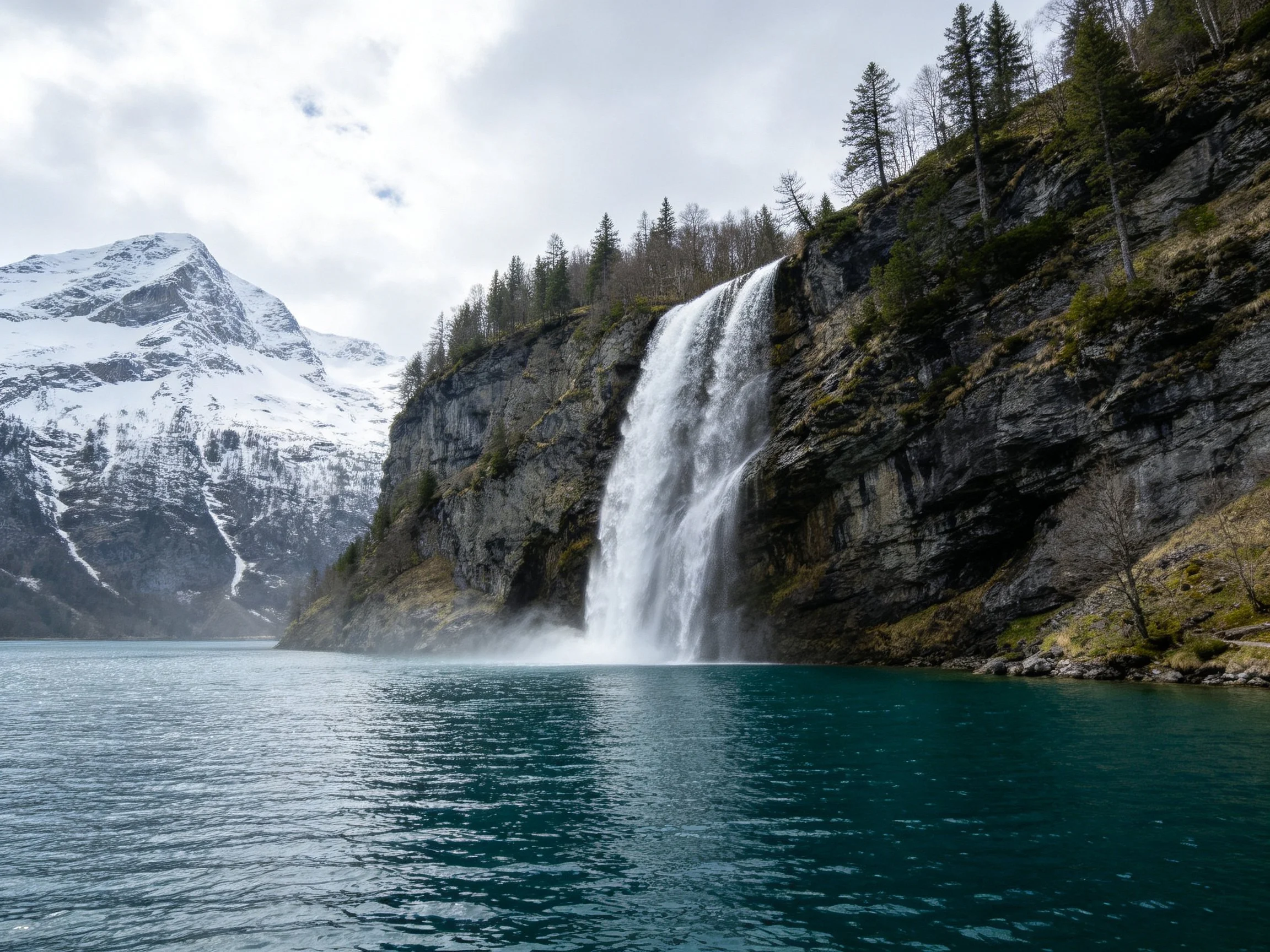 A powerful waterfall drops into turquoise waters beside rocky cliffs and snow-capped mountains.