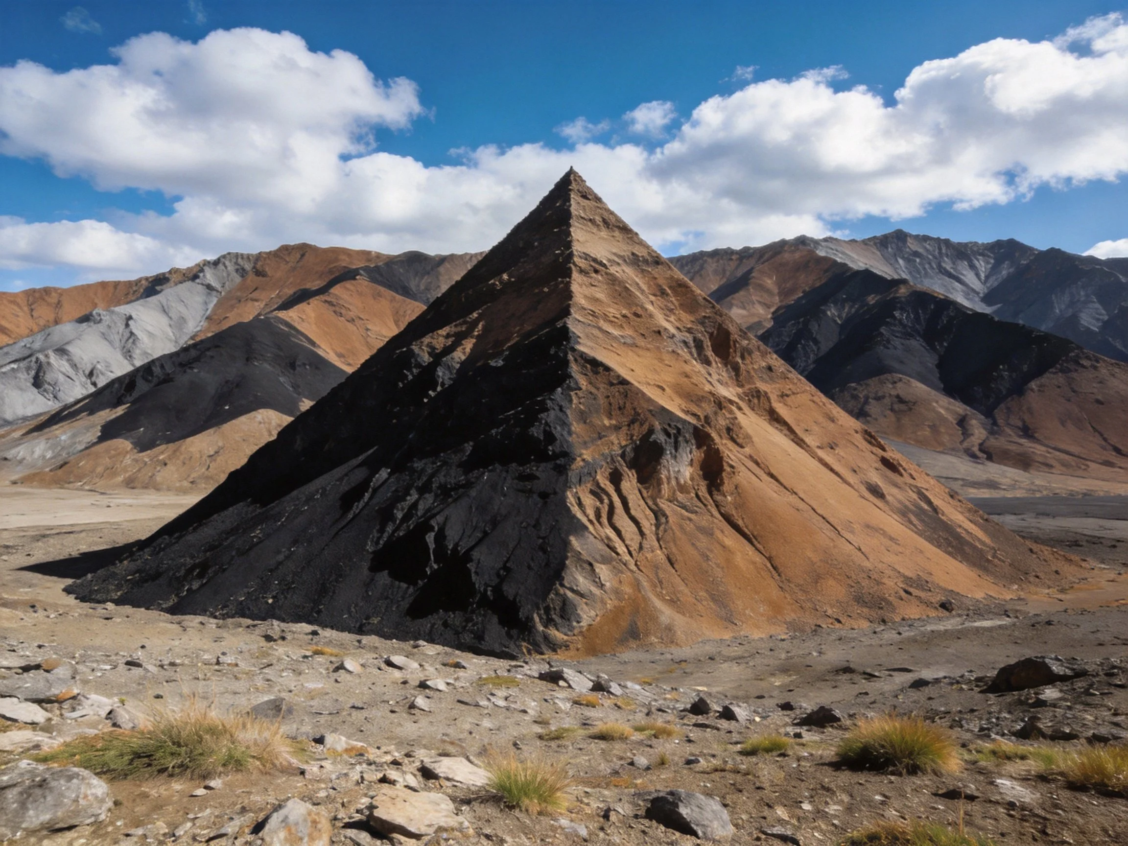 A pyramid - shaped hill with multicolored earth tones in a rocky landscape