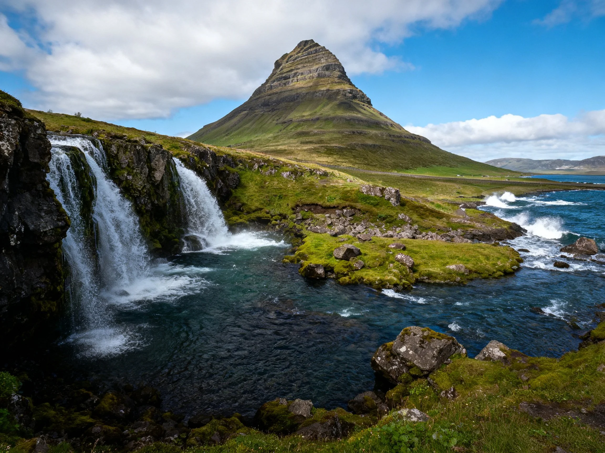 A pyramid-shaped mountain overlooks cascading waterfalls and turquoise waters