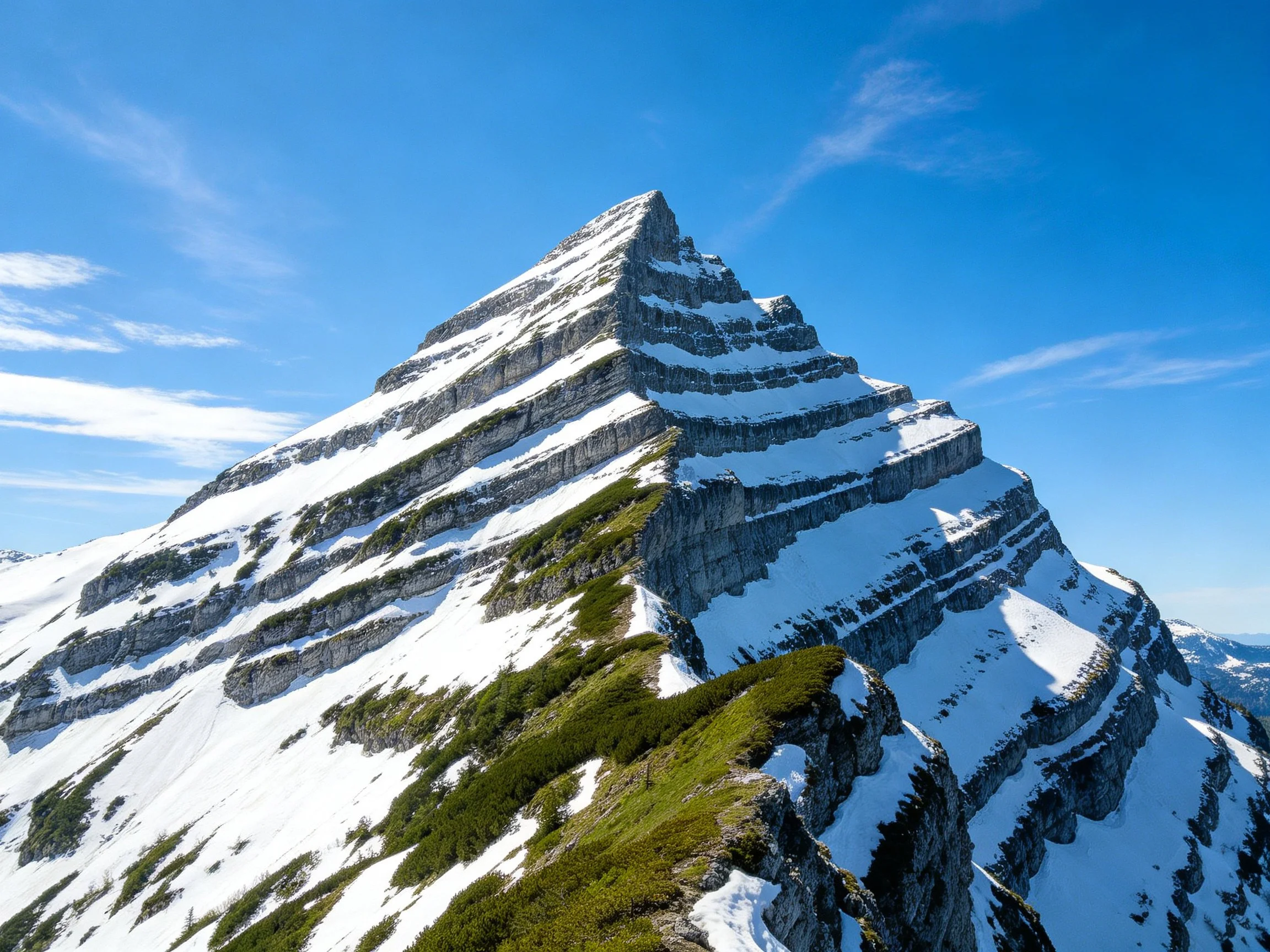 A pyramid-shaped shaped mountain with layered rock and snow - covered slopes