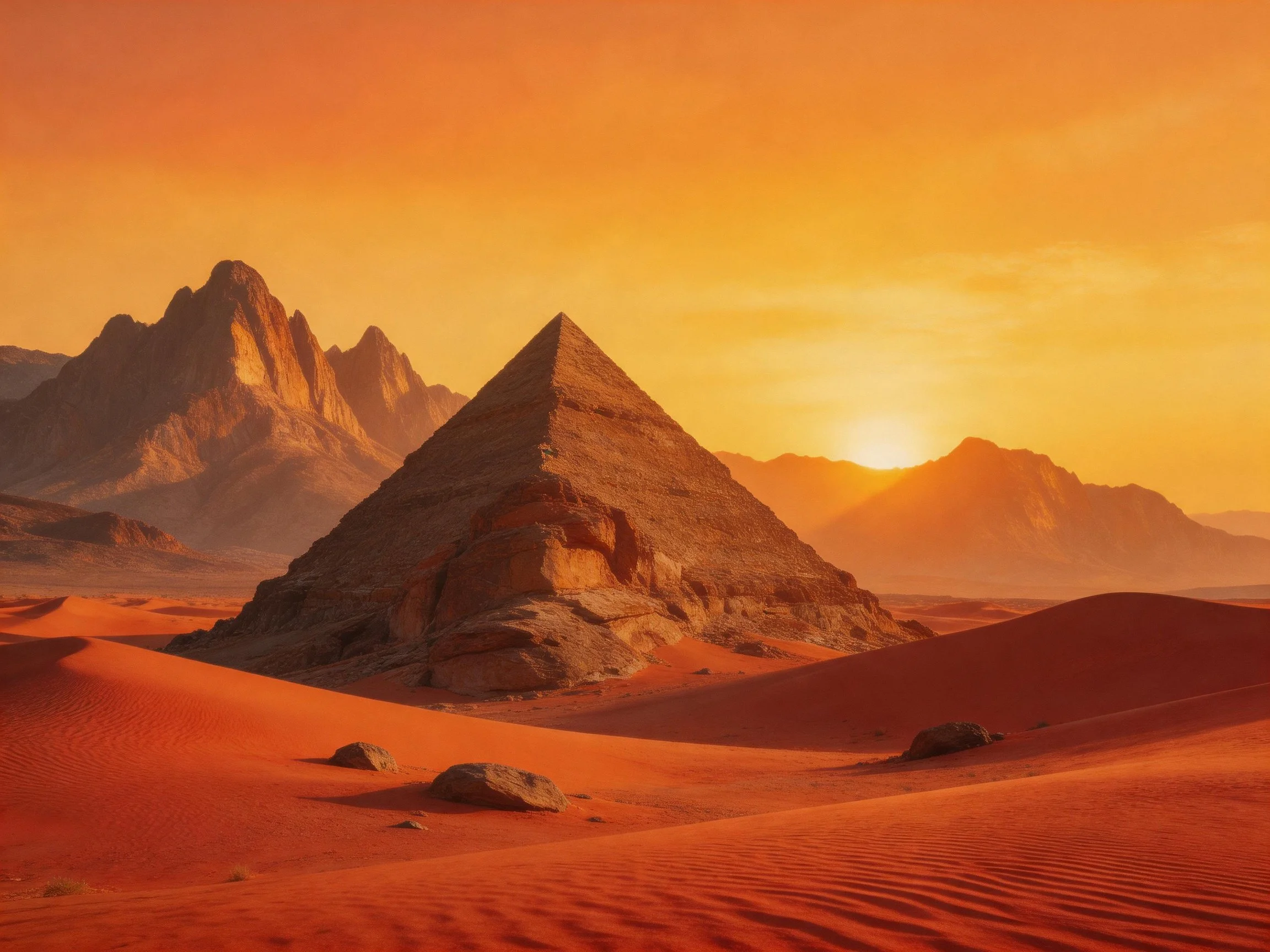 A pyramid sits among red sand dunes under a golden sunset sky.